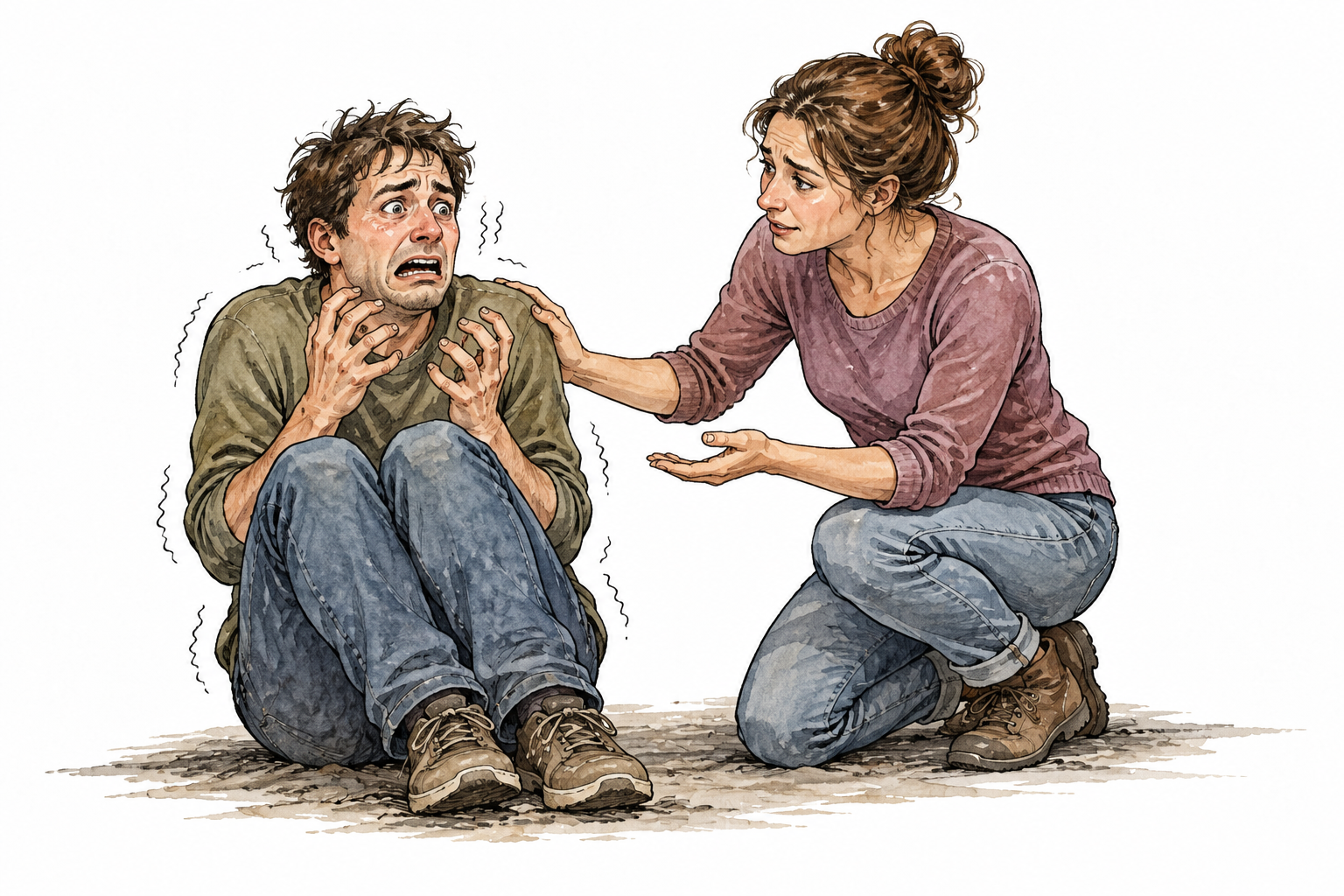 Adult overwhelmed by panic sits trembling with hands raised while calm friend offers support, compassionate depiction.