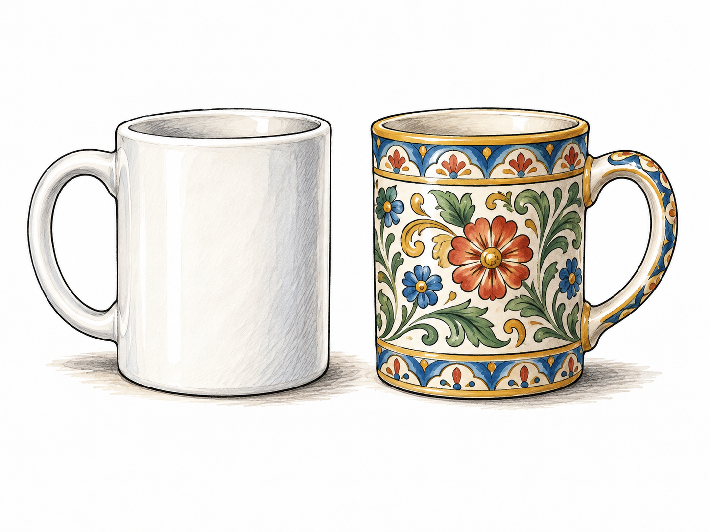 A completely plain undecorated white ceramic mug beside an ornate patterned mug, plain object's lack of decoration clearly contrasts embellishment, no lettering.