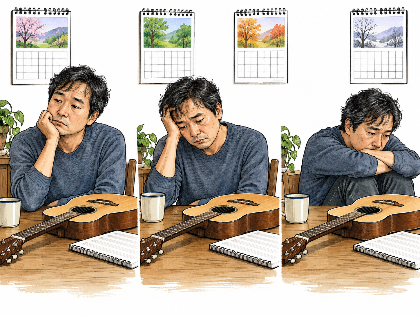 The same adult appears in three small time-separated vignettes with persistent low mood and an untouched former hobby; successive blank calendar rows imply passing weeks.