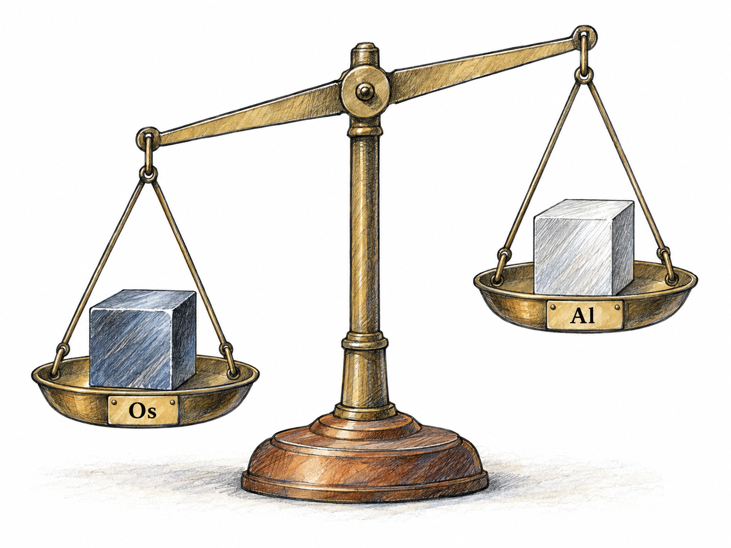 A bluish-white osmium cube on the lowered pan of a balance outweighs an equal-sized aluminum cube on the raised pan.