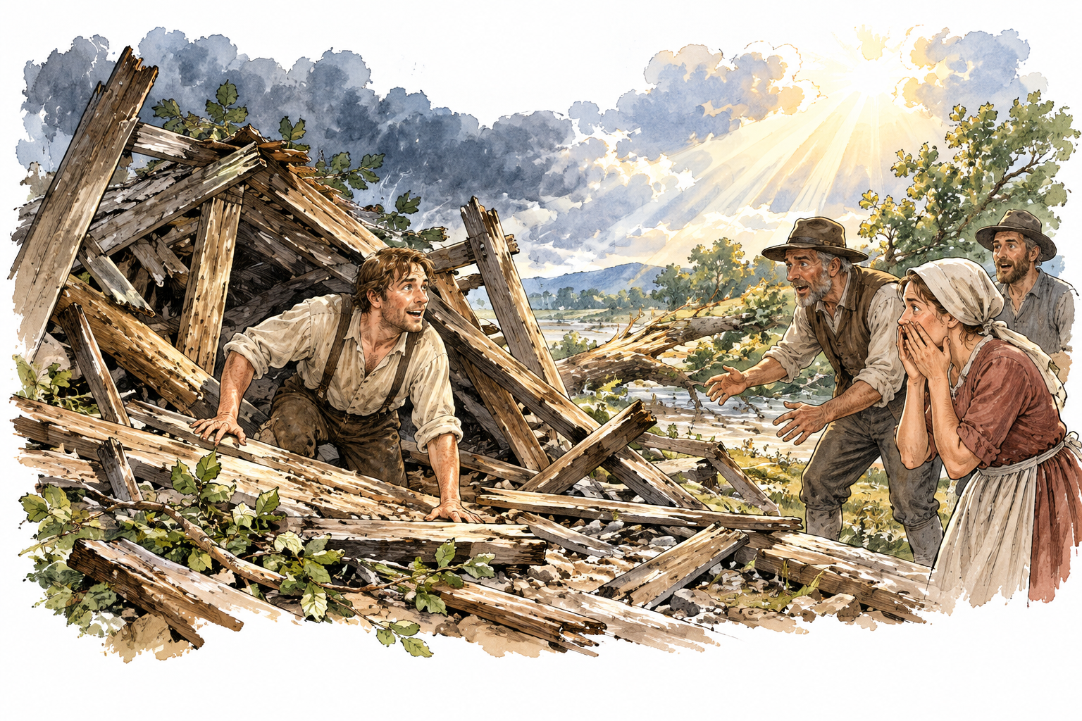 A person emerges unharmed from a collapsed wooden shelter after a violent storm, astonished witnesses and sunlight express extraordinary survival, no injuries.