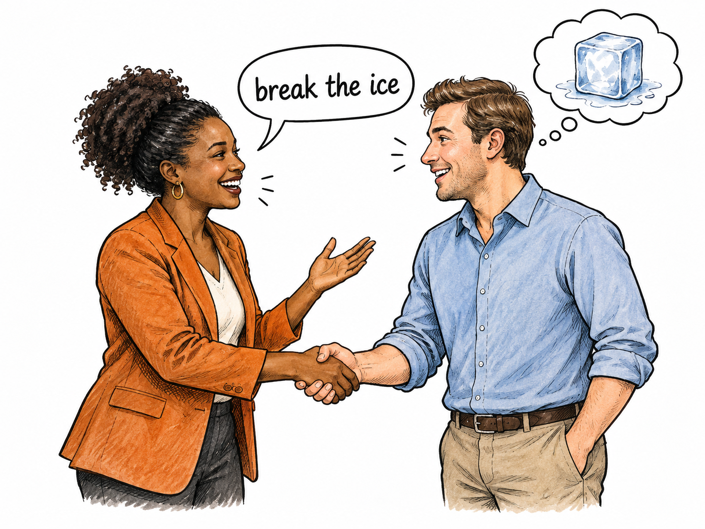 Two friends hear the short essential idiom 'break the ice' shown only in one small speech bubble; a small fanciful ice-block thought image contrasts their actual warm social greeting.
