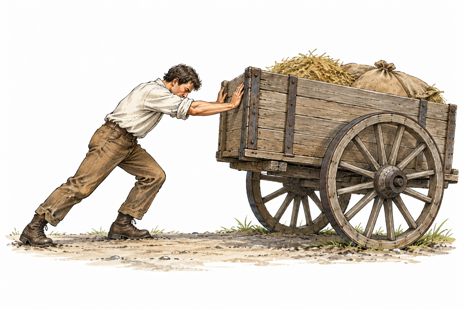 A heavy stationary cart resists a person's initial push; person leans with effort, wheels still in place, conveying resistance to starting motion.