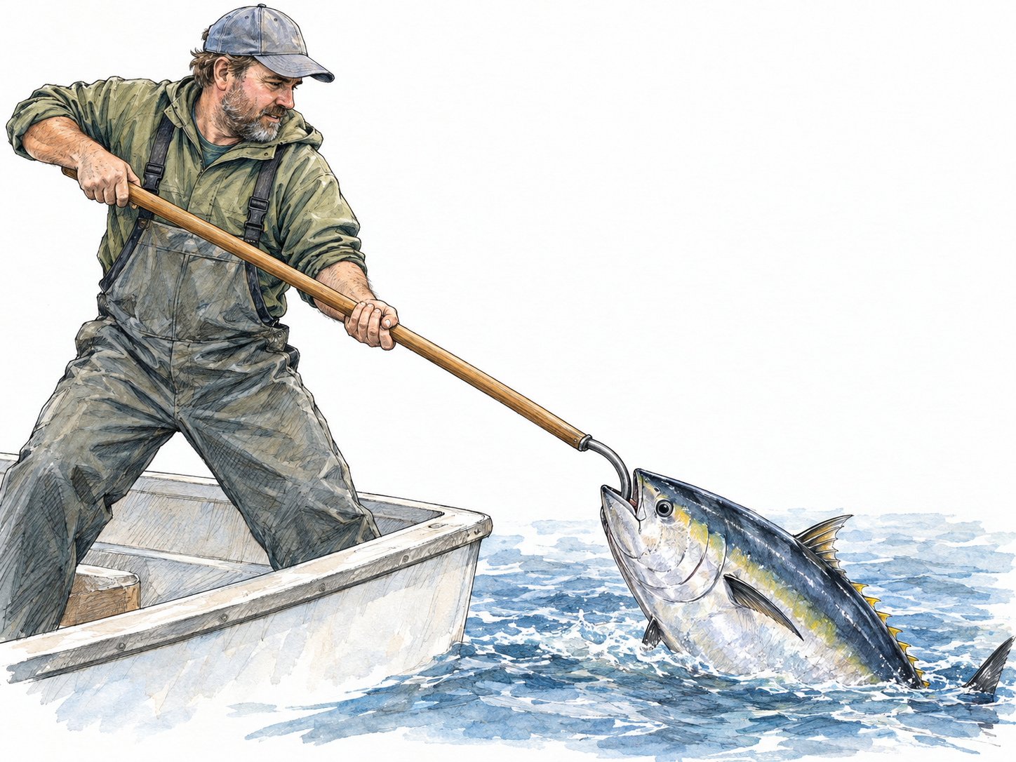 A clearly visible fishing gaff lifting a large tuna beside a boat: its long rigid shaft ends in a single stout curved steel hook, visibly engaged near the fish’s head.
