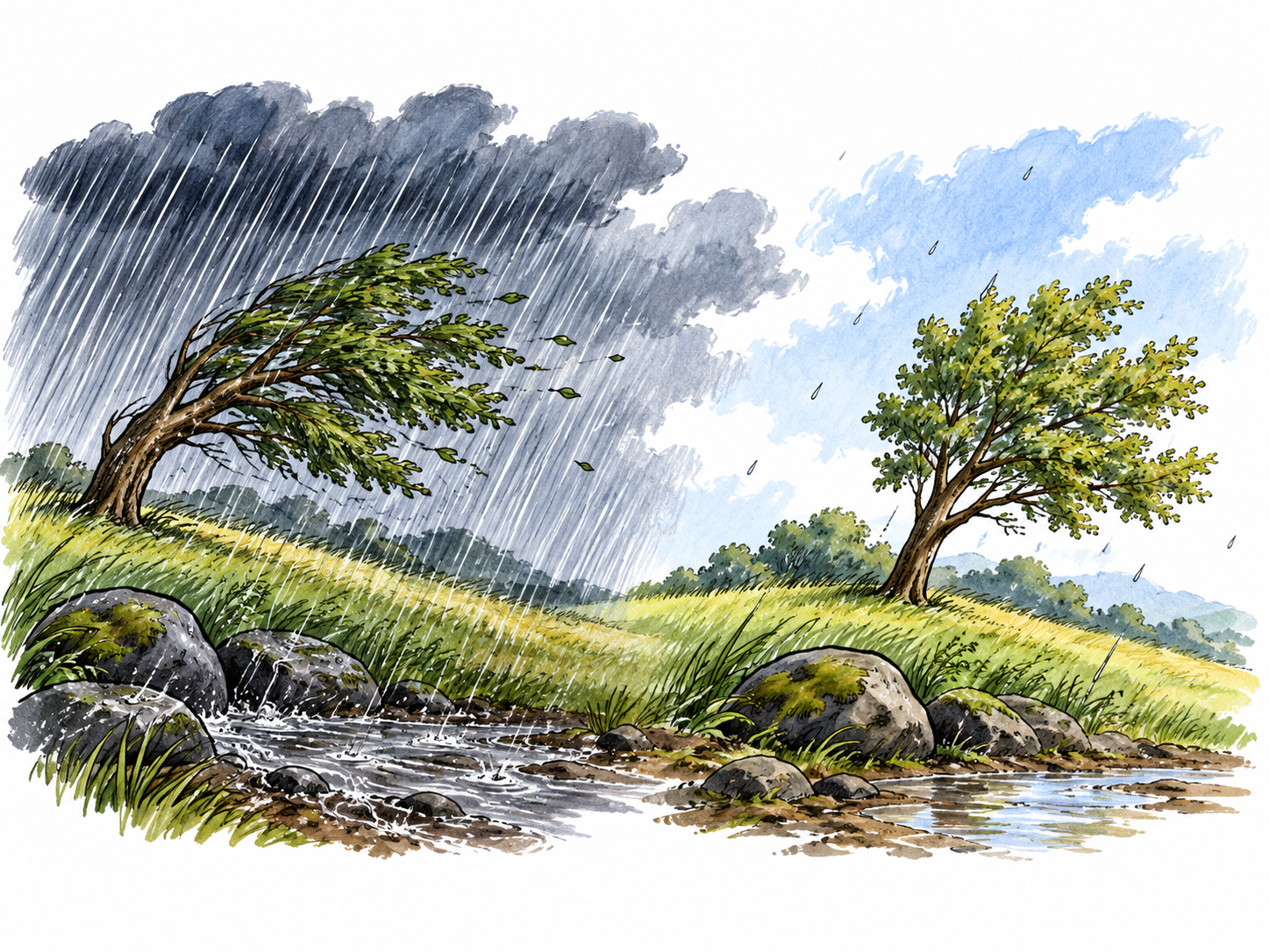 Two connected landscape moments show a storm lessening: dark driving rain gives way to sparse raindrops and lighter sky, tree bends less on the calmer side.