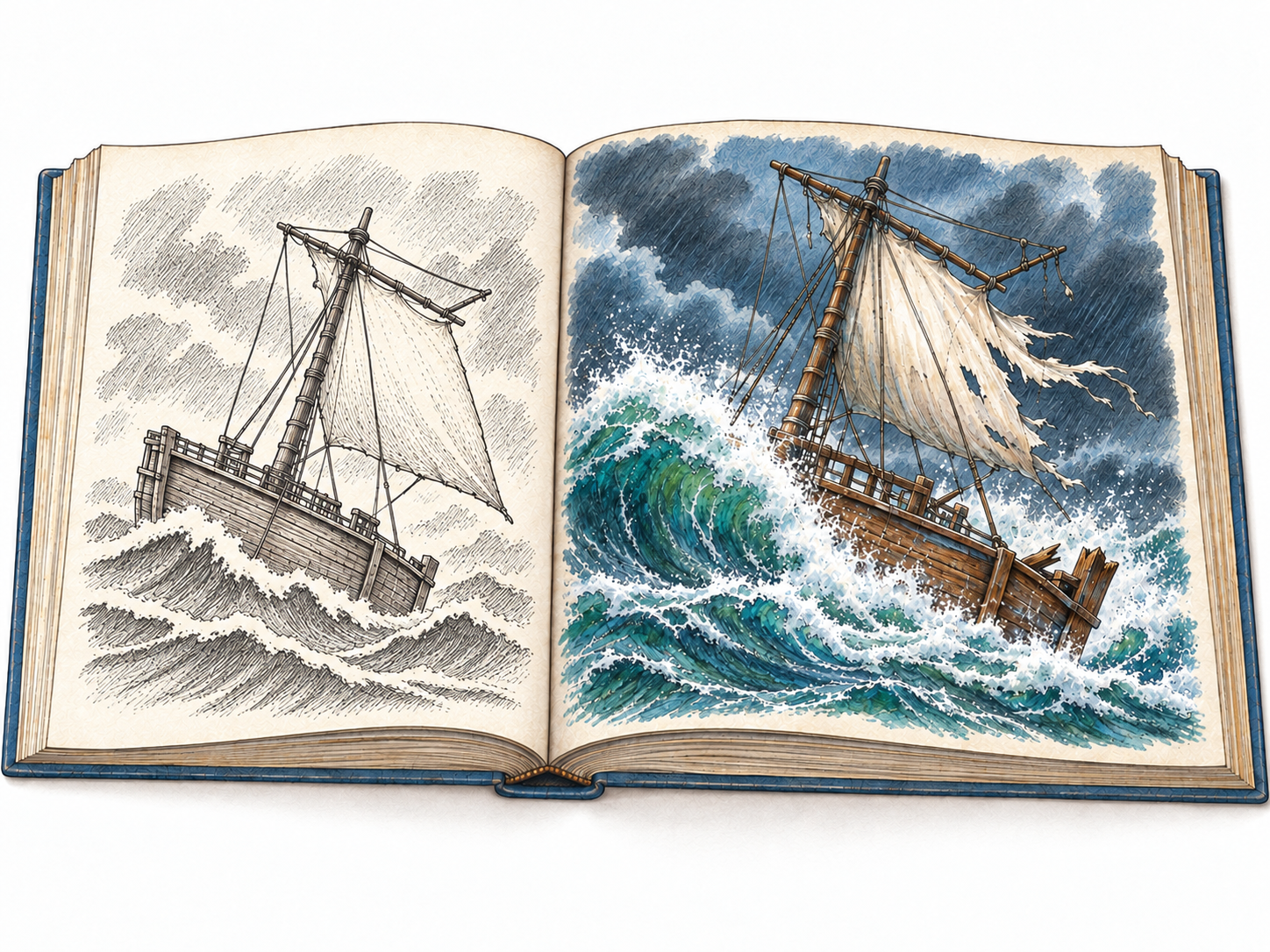 An open picture book contrasts a spare depiction of a ship in a storm with a graphic depiction of the same scene: breaking water, straining ropes, shredded sailcloth and a wave crashing across the deck.