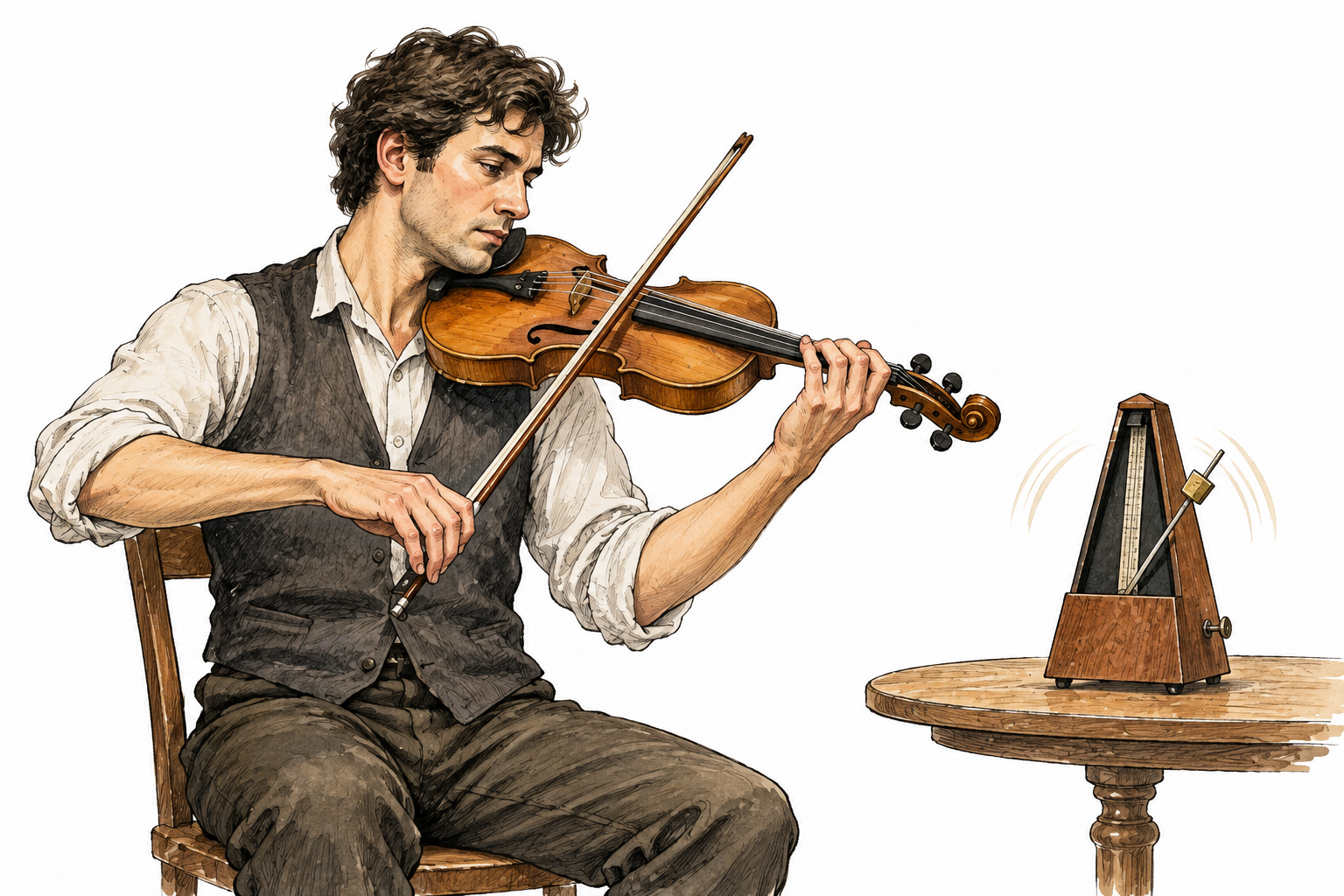 A musician keeping musical pace beside a swinging mechanical metronome while playing violin, instrument and beat movement clear, no sheet music or numerals.