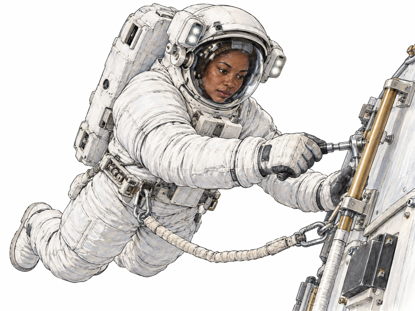 An astronaut in a complete pressurized EVA suit, helmet, gloves and life-support pack works with a tool while tethered to a small spacecraft handrail; white ground outside essential hardware.