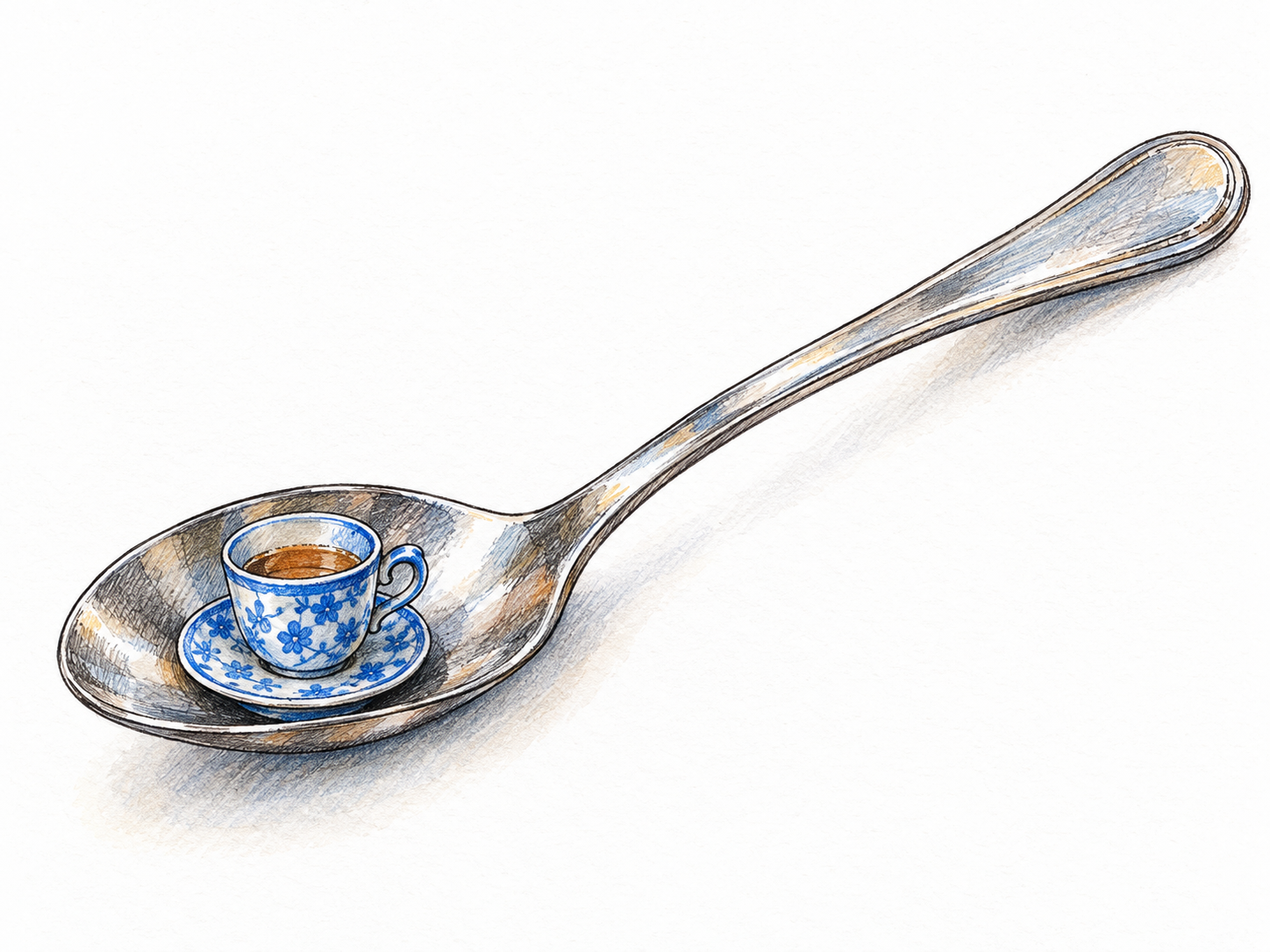 An extraordinarily tiny ceramic teacup and saucer resting in the bowl of an ordinary teaspoon, making their lilliputian scale immediately apparent.