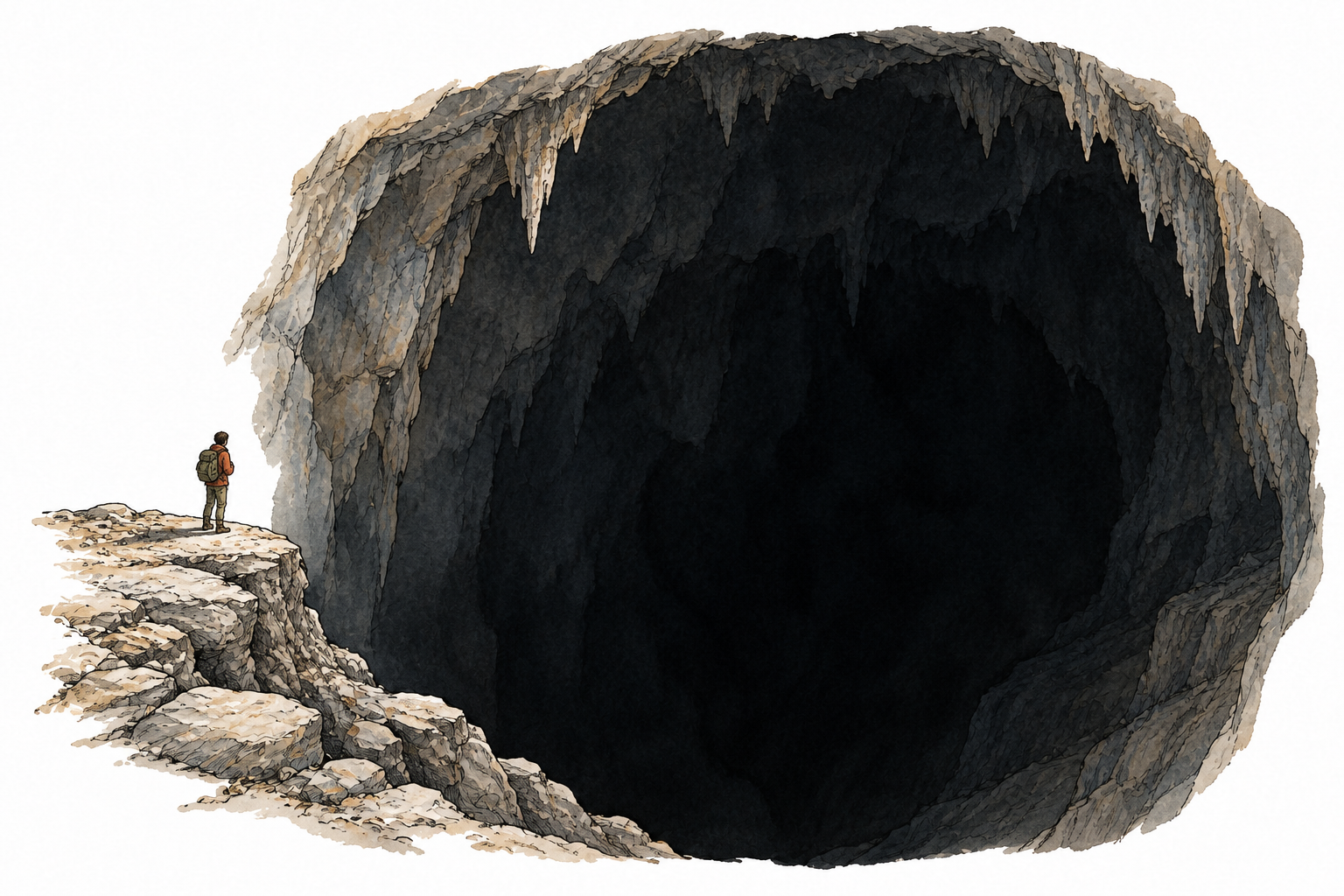Single small person at edge of an enormous empty dark cavern, emptiness dominates.