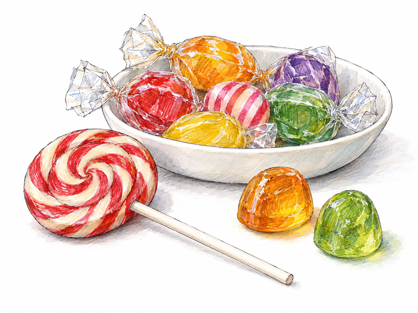 A shallow dish of colorful hard candies, with a spiral lollipop and two unwrapped translucent sugar drops in front, making the familiar sugar confection immediately recognizable.
