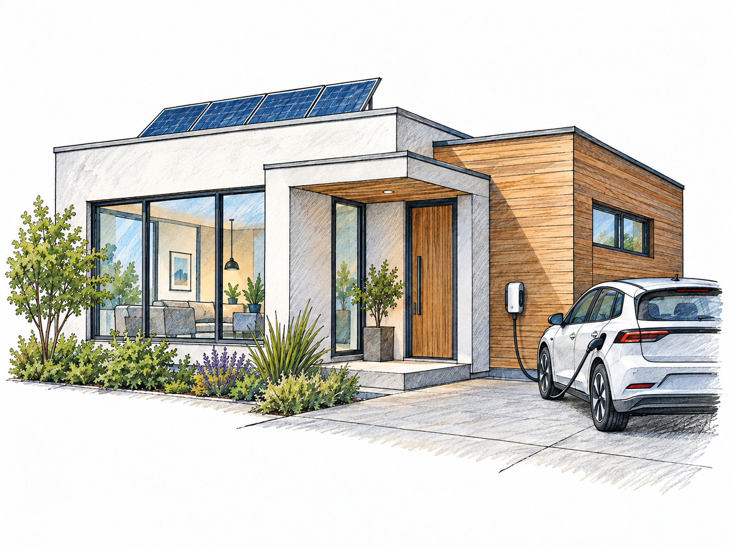 A clearly present-day house with a flat roof, broad glass walls, rooftop solar panels, and an electric car plugged into a compact wall-mounted charger, illustrating the present-day branch of the frozen meaning.
