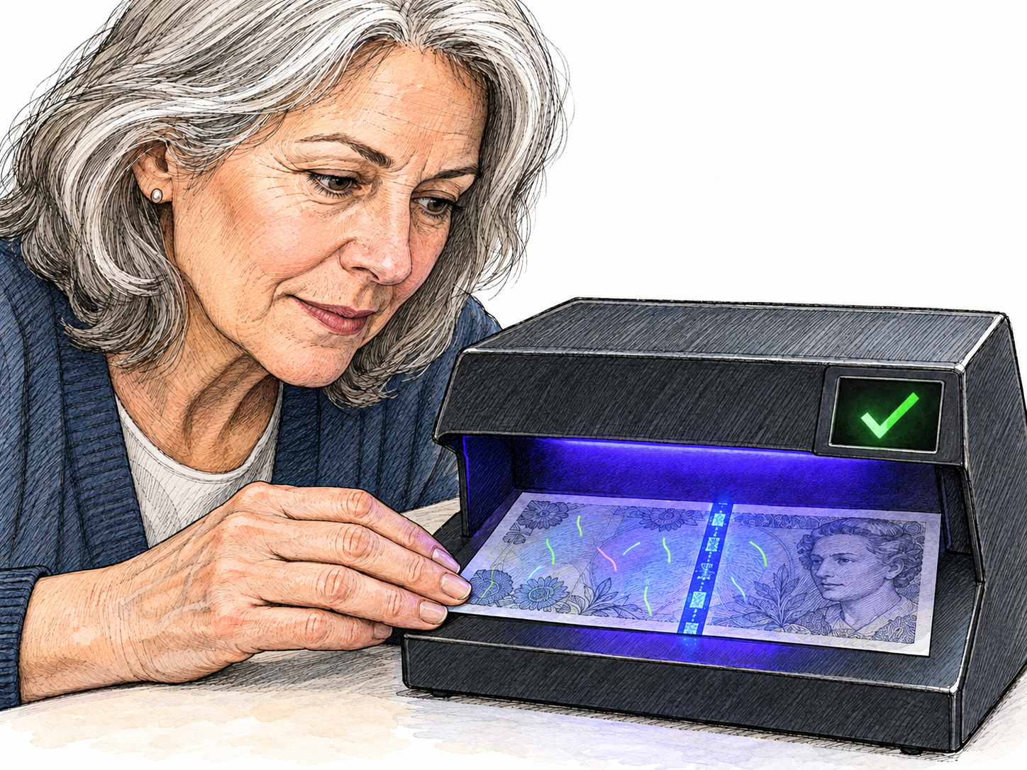 An older currency specialist authenticates a banknote with a UV detector: hidden security fibers glow beneath the lamp, and the detector displays a green check confirming a genuine note.