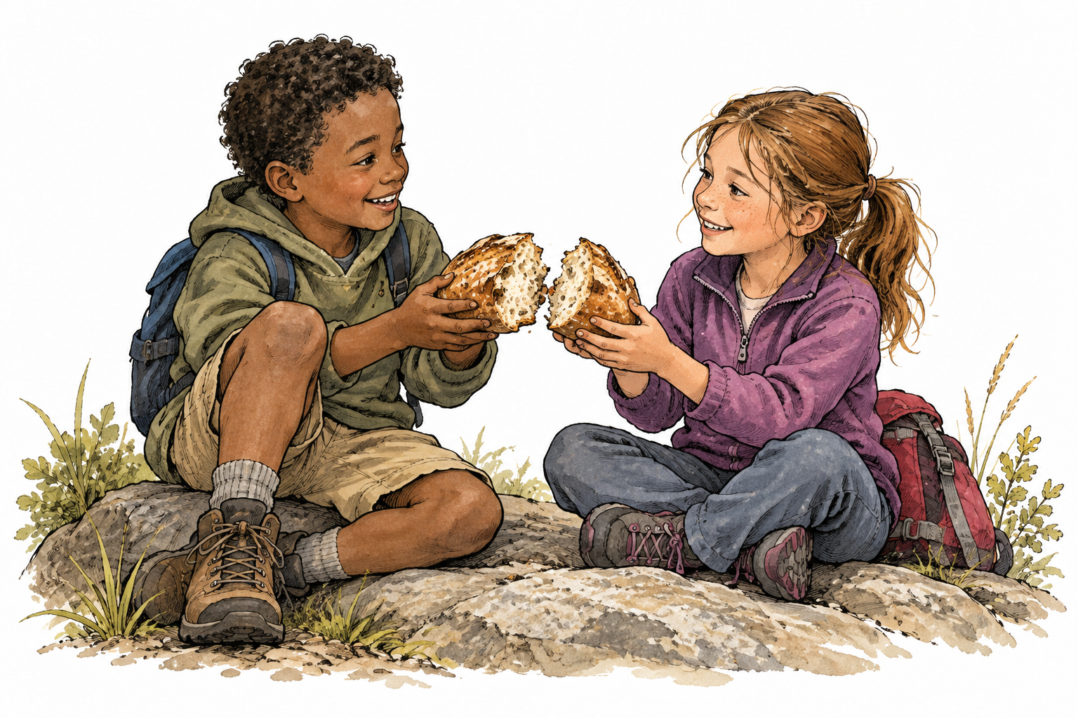 Two friends divide a loaf and each receives a portion, sharing food.