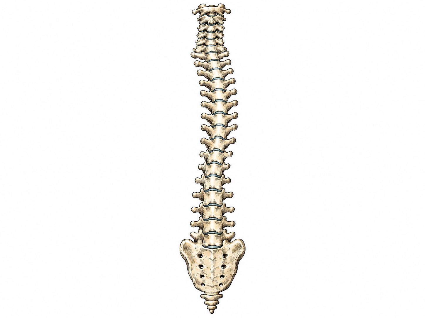 A complete adult vertebral column is isolated in accurate gentle curves, with vertebrae, sacrum and coccyx clearly differentiated by form; no labels, injury or medical advice.