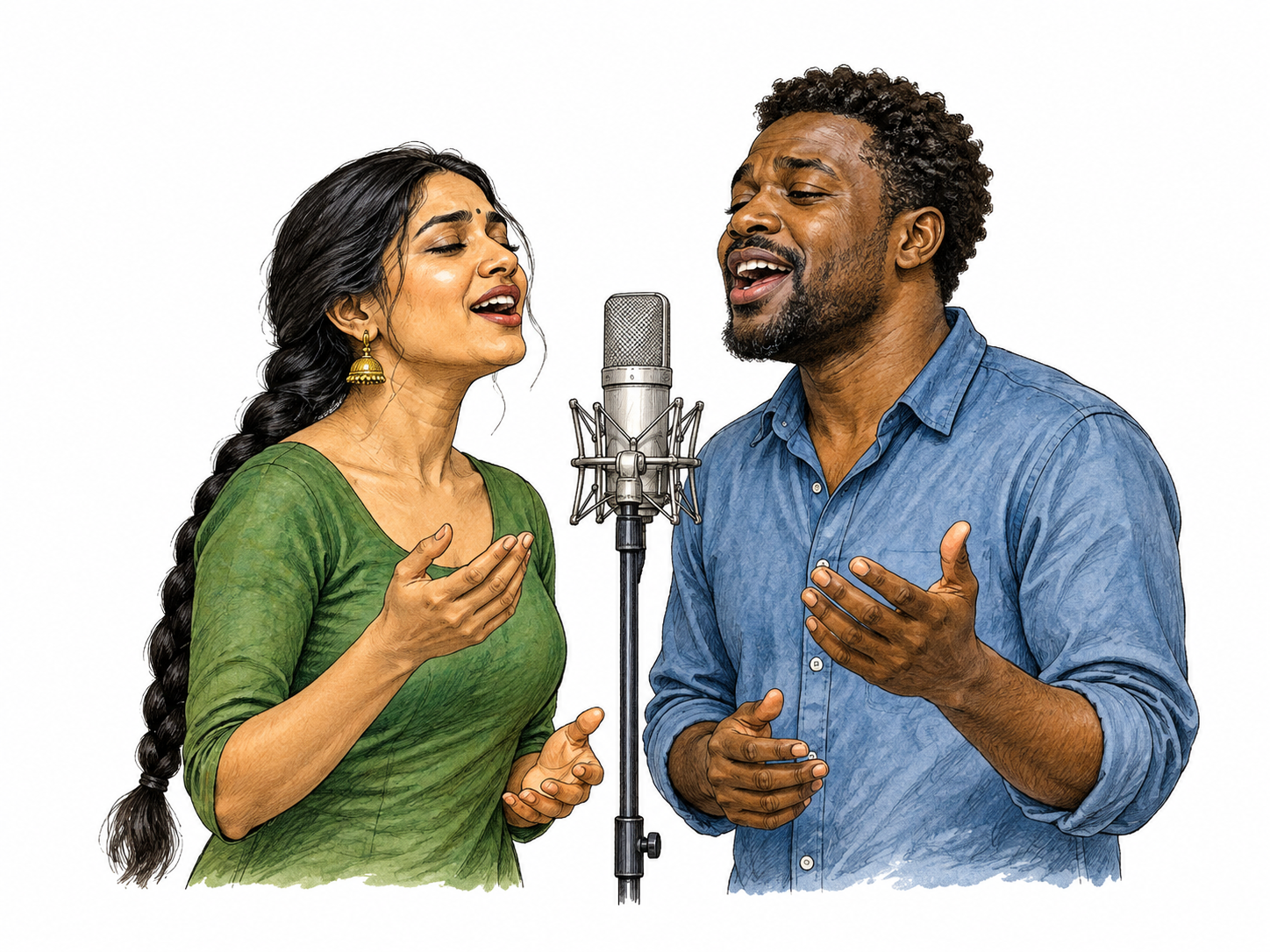Exactly two singers perform together facing shared microphone, both mouths singing with natural expressive gestures; paired musical performance, white ground.