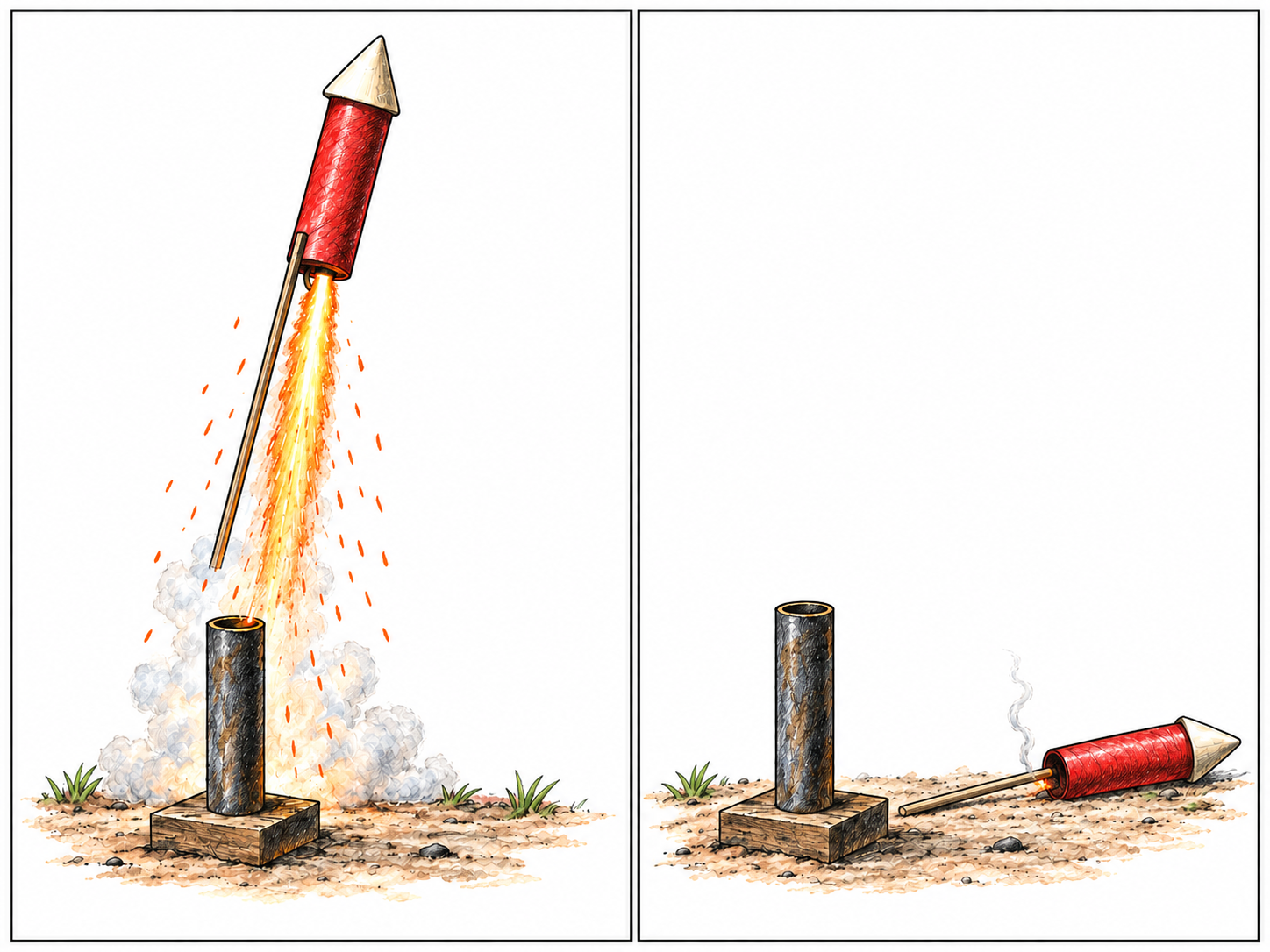 A two-panel sequence shows the same small firework rocket starting with a vigorous burst of thrust, then lying intact nearby with only a faint wisp of smoke, having failed to climb or burst.