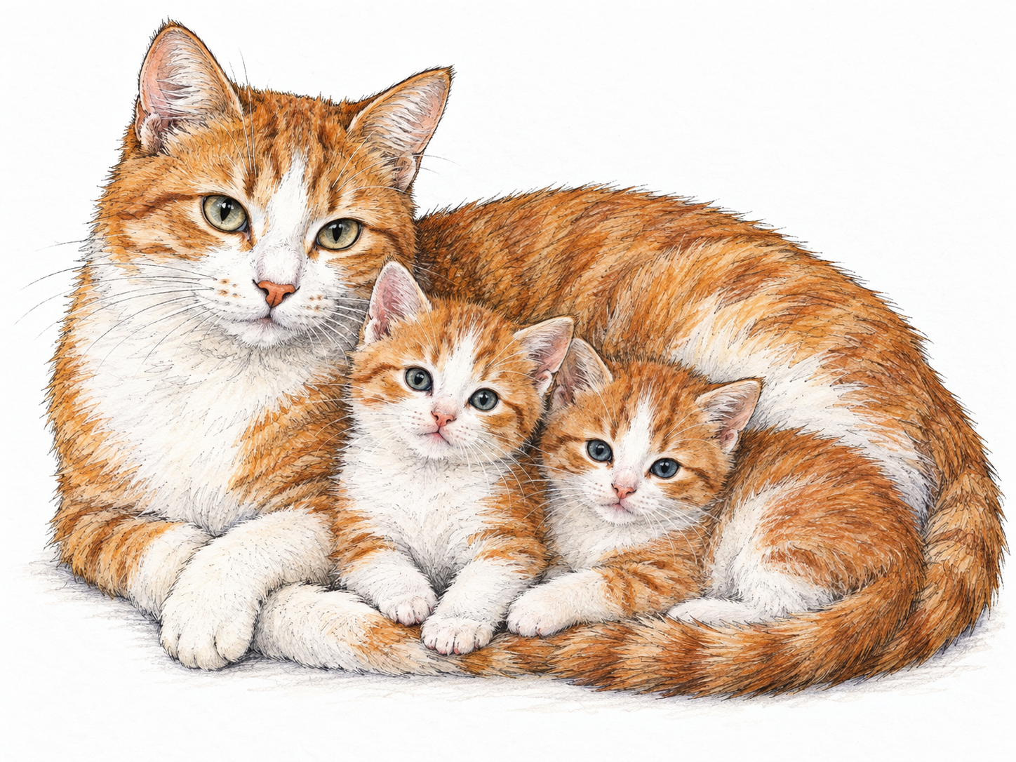 A mother cat curls around two young kittens; all three share a distinctive ginger-and-white coat pattern, illustrating a physical trait inherited from parent to offspring.