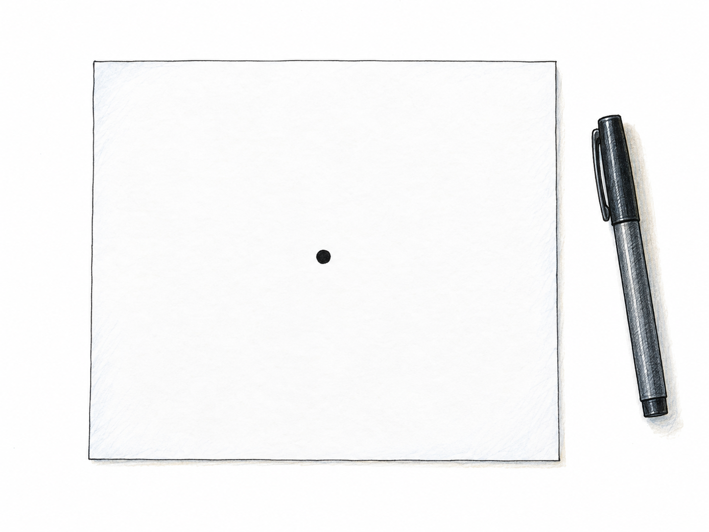 A single small, round black ink mark on an otherwise blank white sheet, with a capped fine-tip pen resting beside the sheet to establish the mark's small scale.
