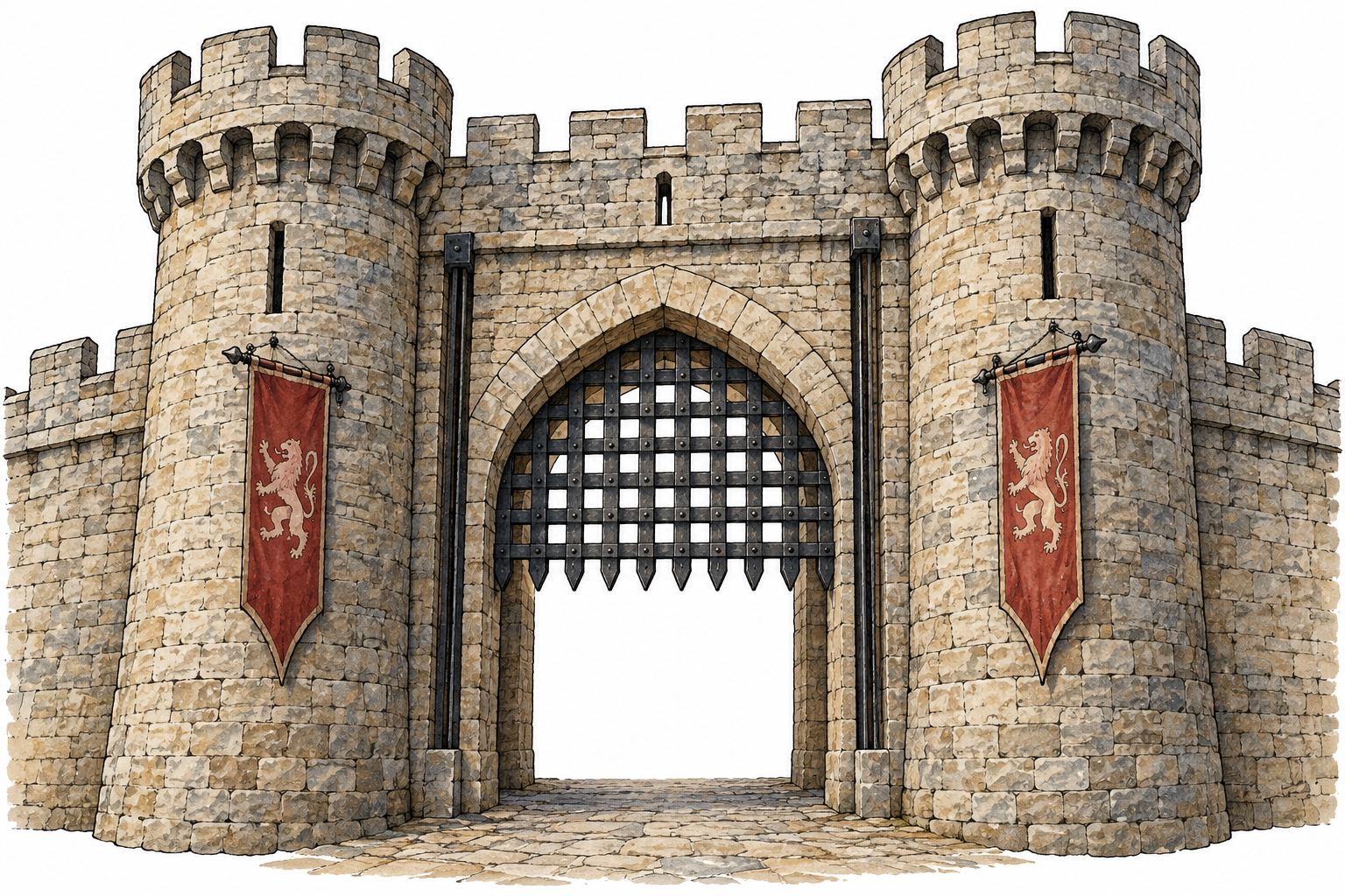 Medieval castle entrance with heavy iron lattice portcullis partly lowered in vertical grooves, defensive gate.