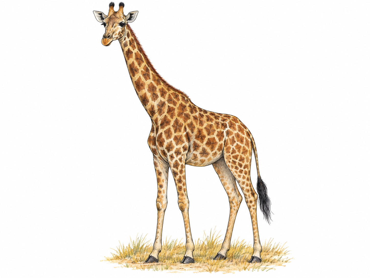 One adult giraffe shown fully in three-quarter side view, its exceptionally long neck, long legs, patterned coat, and small hornlike ossicones clearly visible.
