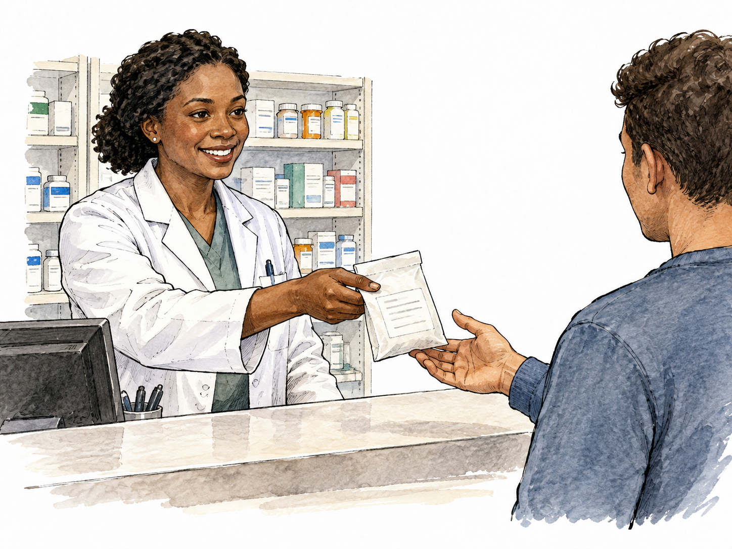 Black pharmacist provides a sealed medicine packet across a pharmacy counter.