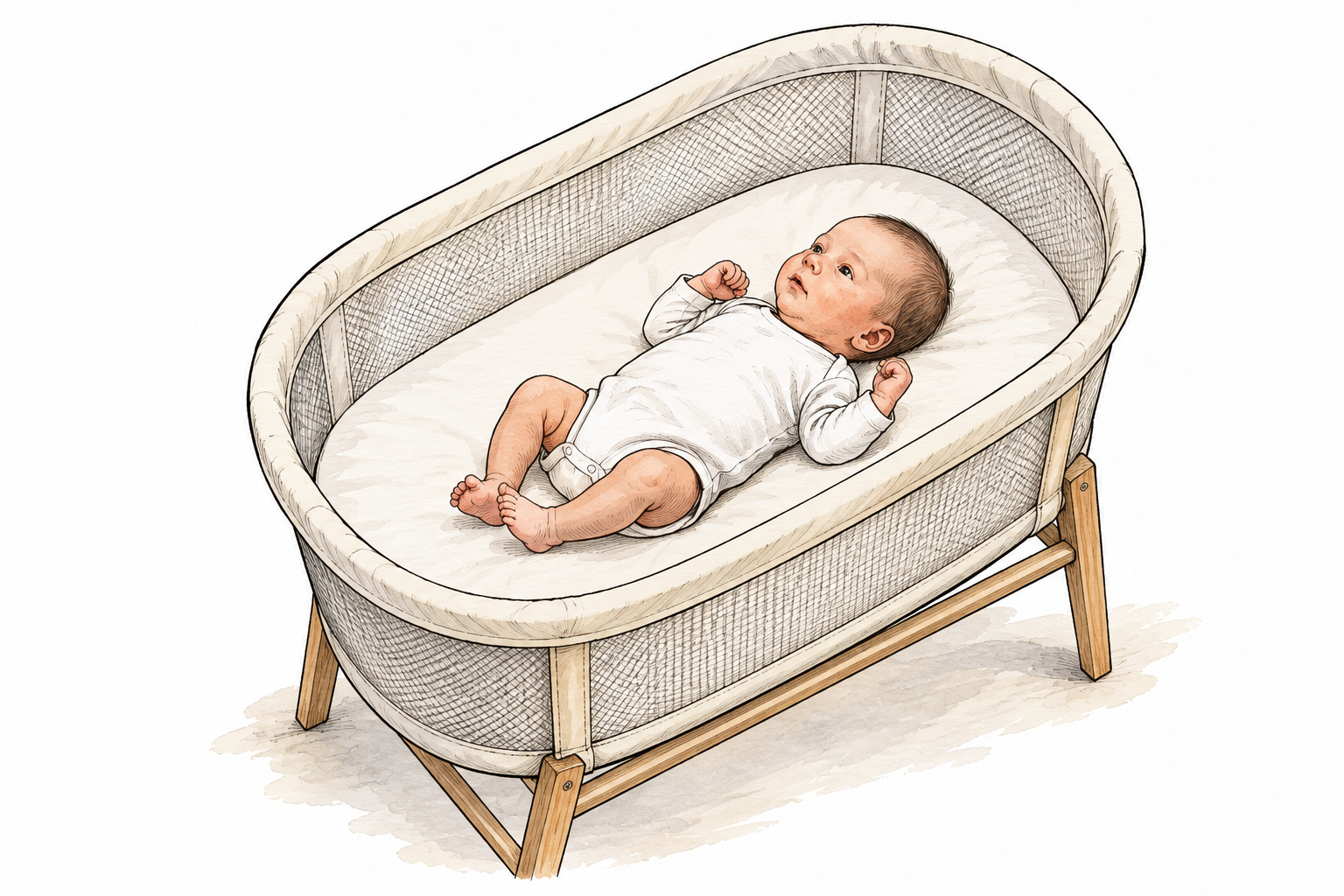A newborn lies safely face up in a small standalone bassinet with firm flat mattress and fitted sheet, no pillows blankets or toys.