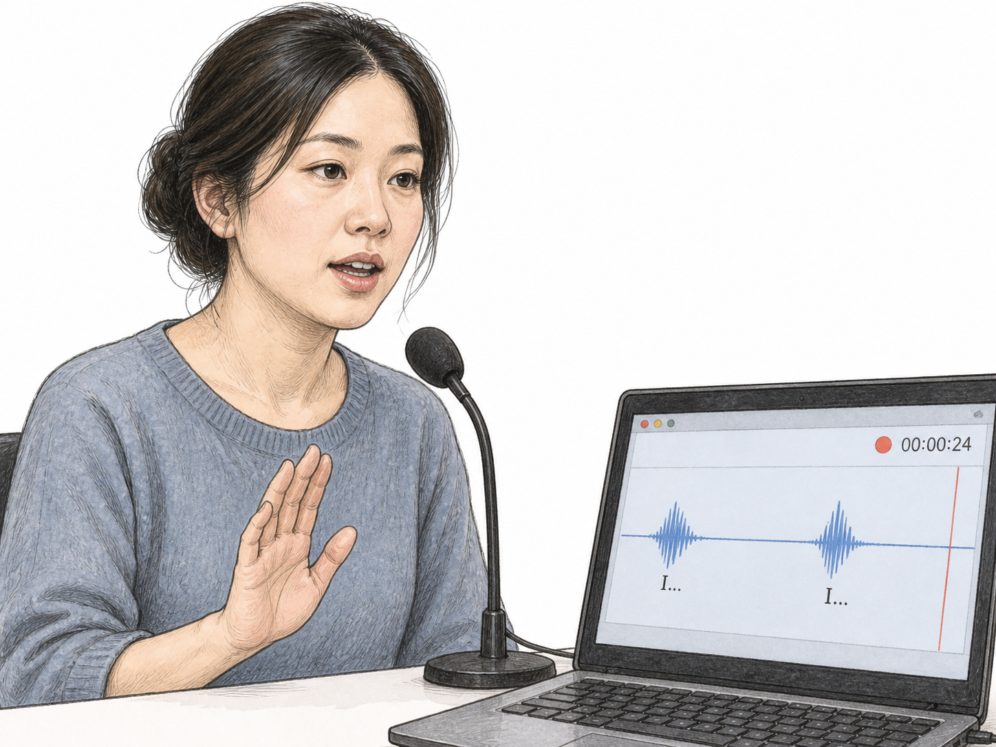 A speech recording captures repeated words with pauses.