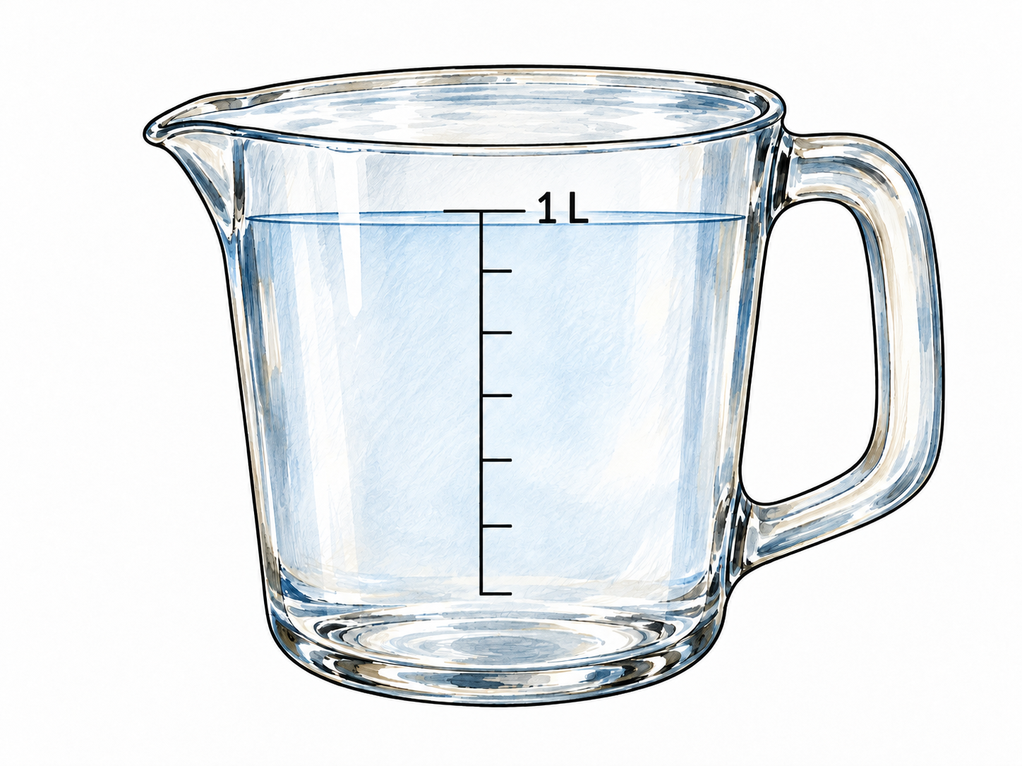 Clear measuring jug filled exactly to its top capacity line, one essential '1 L' mark, no overflow; maximum volume clear.