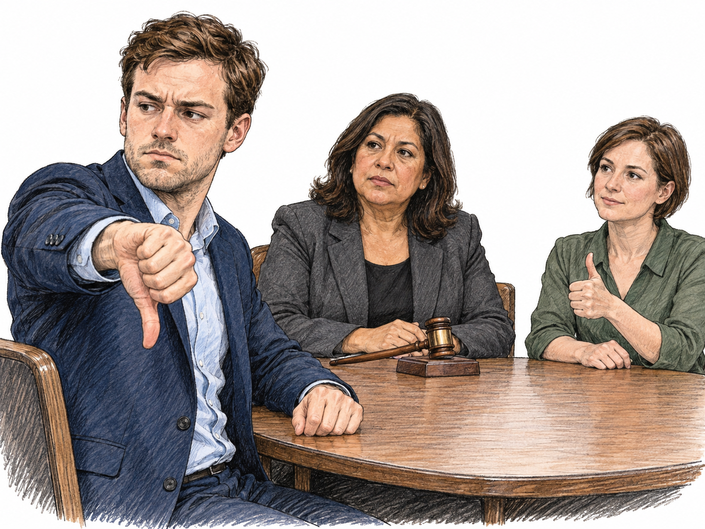 A council member gives an unmistakably negative response during a formal show-of-hands vote: seated upright at a meeting table, he raises a clear thumbs-down gesture toward the chairperson, with firmly closed lips and a slight rejecting turn of his head.