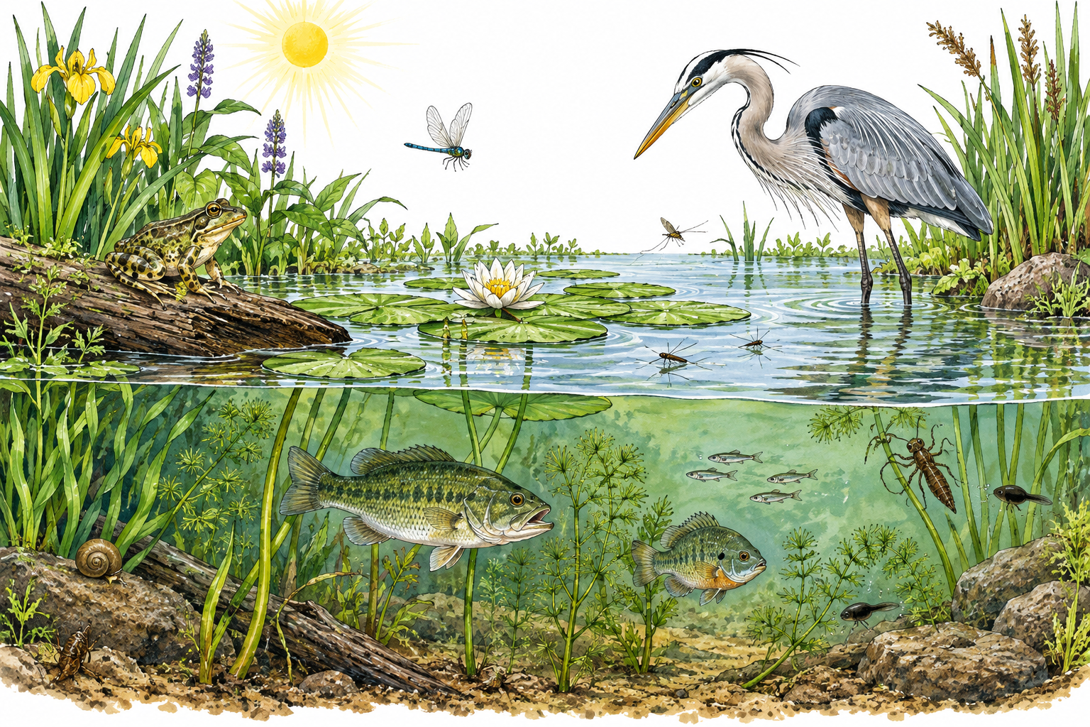 Pond ecosystem with fish frogs insects aquatic plants heron and sunlight, ecological interactions shown naturally.