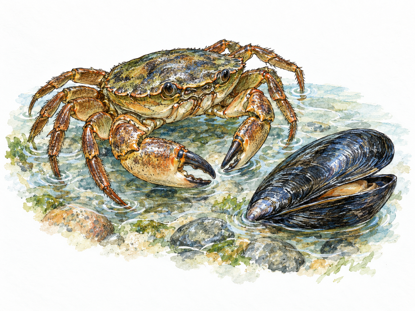 A living crab beside a slightly open mussel in shallow coastal water, with their protective shells and aquatic setting clearly visible.