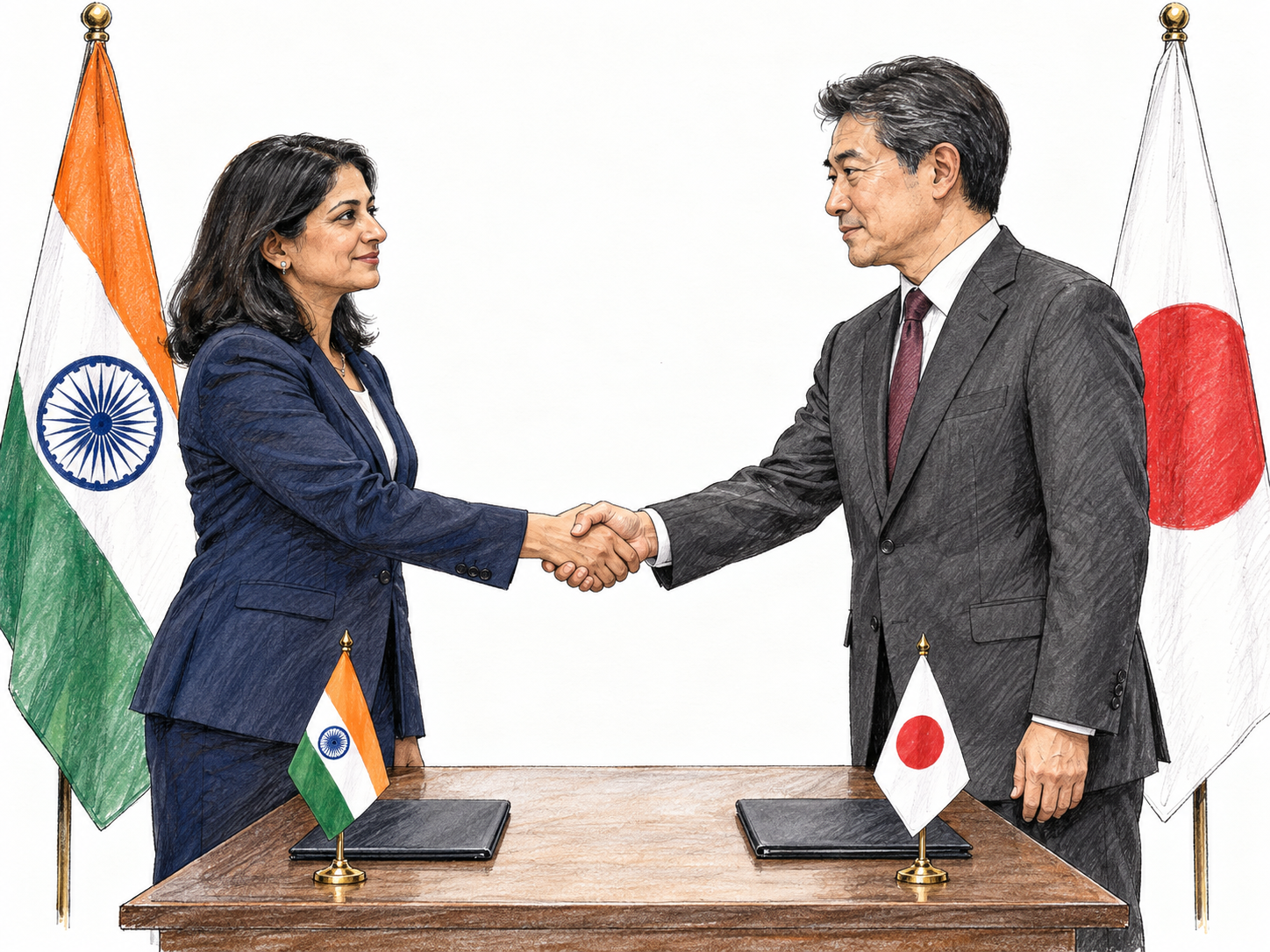 Two national representatives formally shake hands across a bilateral conference table, with matching national desk and standing flags clearly identifying each delegation.