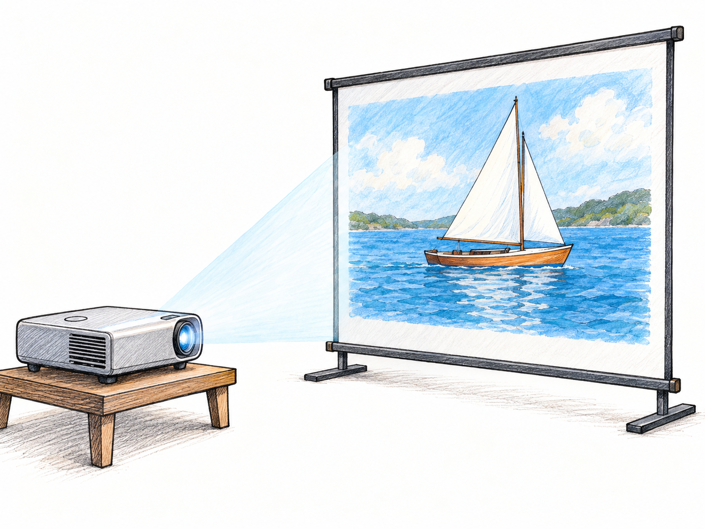 A projector casts a clearly visible full-color image of a sailboat onto a freestanding screen, illustrating the image-display sense of projection.