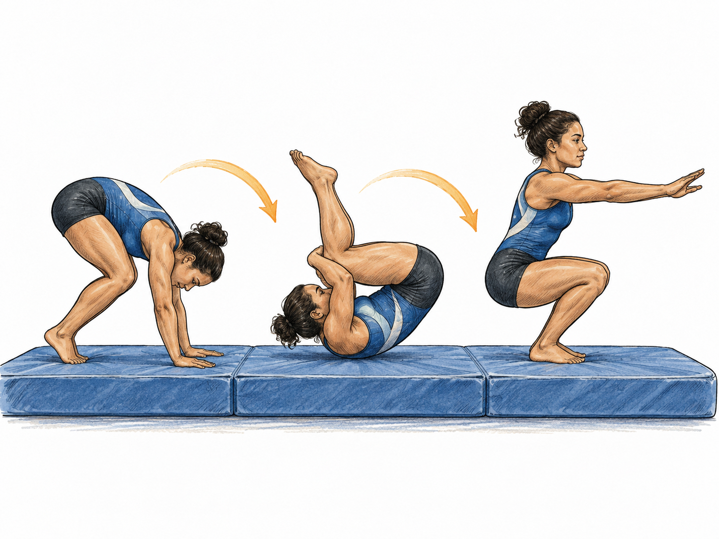 Adult gymnast performing a single forward somersault on thick mat, tucked body with knees toward chest and feet visibly passing above head, athletic clothes, no duplicated limbs.