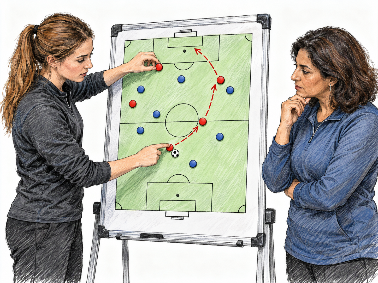 A soccer strategist plans a coordinated attack on a magnetic tactics board, arranging several players' routes toward the opposing goal while an assistant studies the plan.
