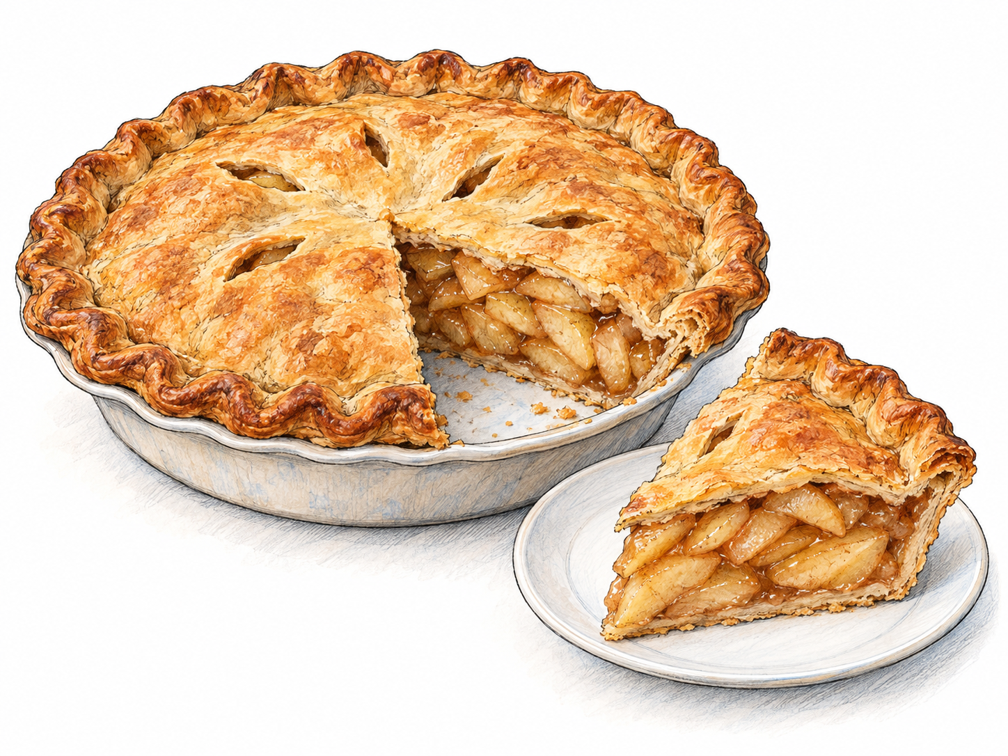 A golden baked apple pie with one wedge removed and placed beside it, clearly exposing the fruit filling enclosed by pastry.
