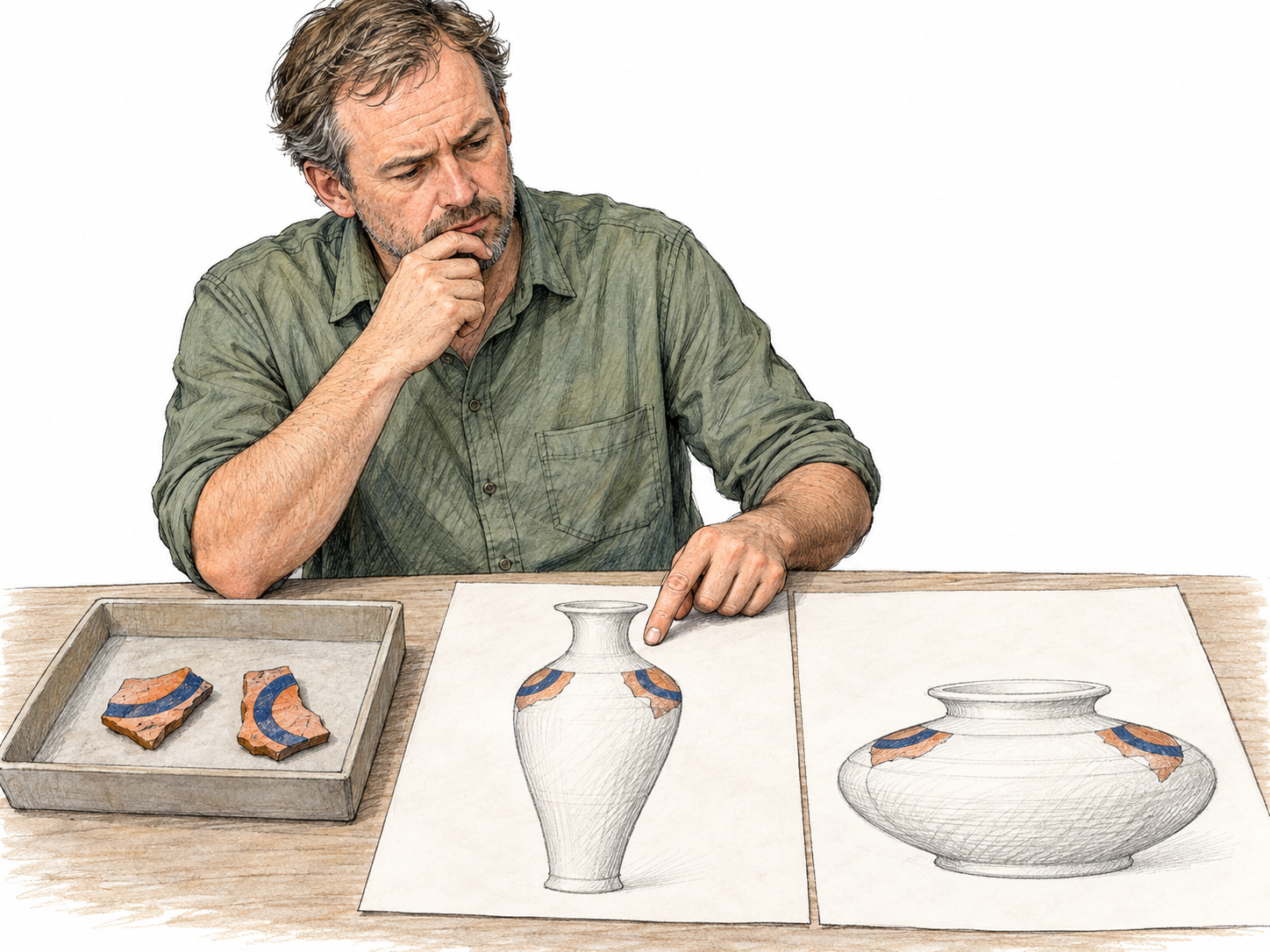 A researcher favors one complete vessel reconstruction even though only two small pottery shards are available and those same shards fit a markedly different reconstruction.