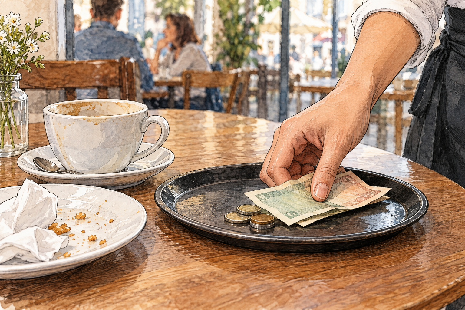 Close still life of a small stack of coins and two plain folded banknotes left on a cafe payment tray beside an empty cup and plate, a server's hand collects the money.