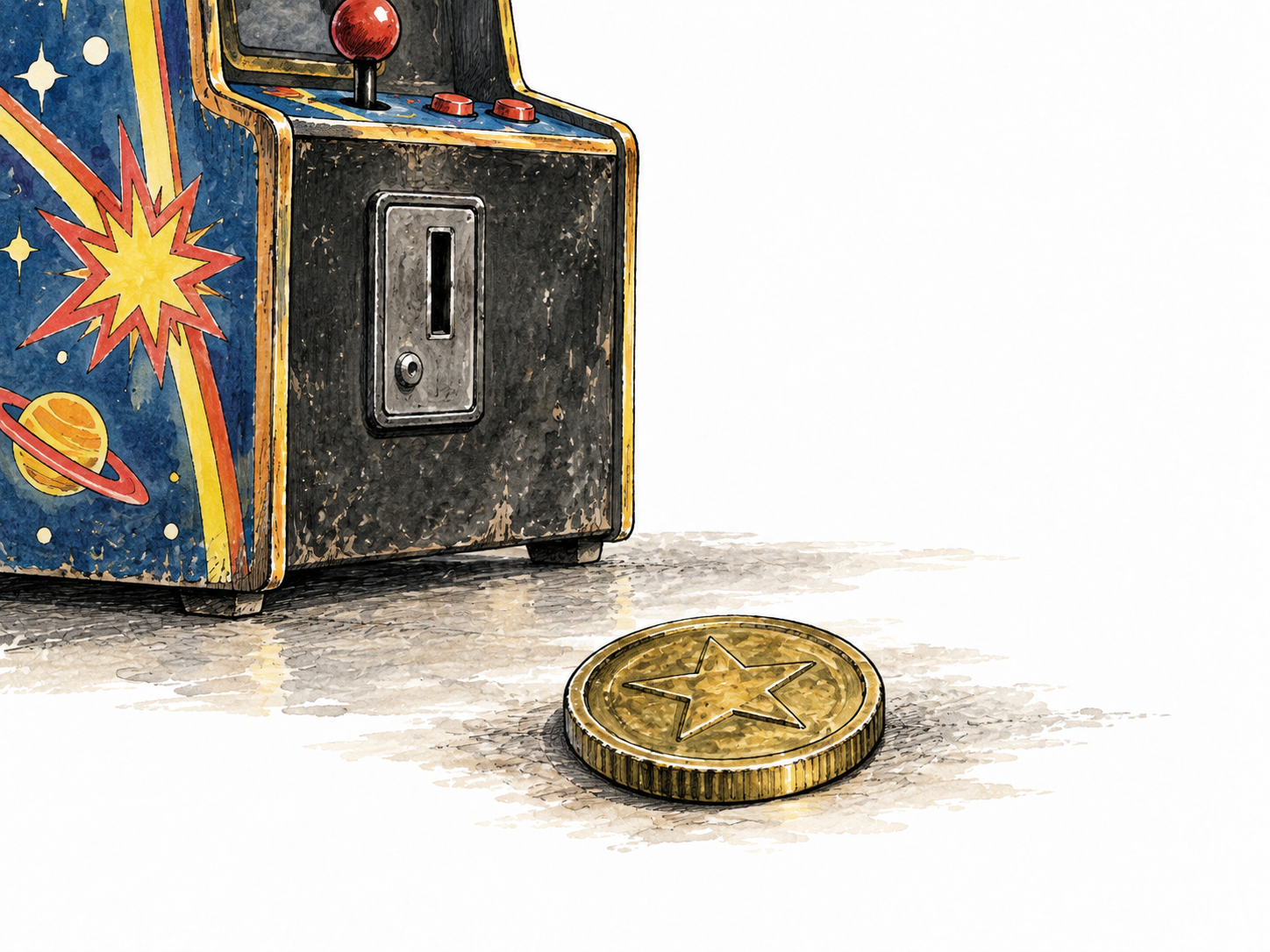 A small brass arcade token beside an old game machine, no text.