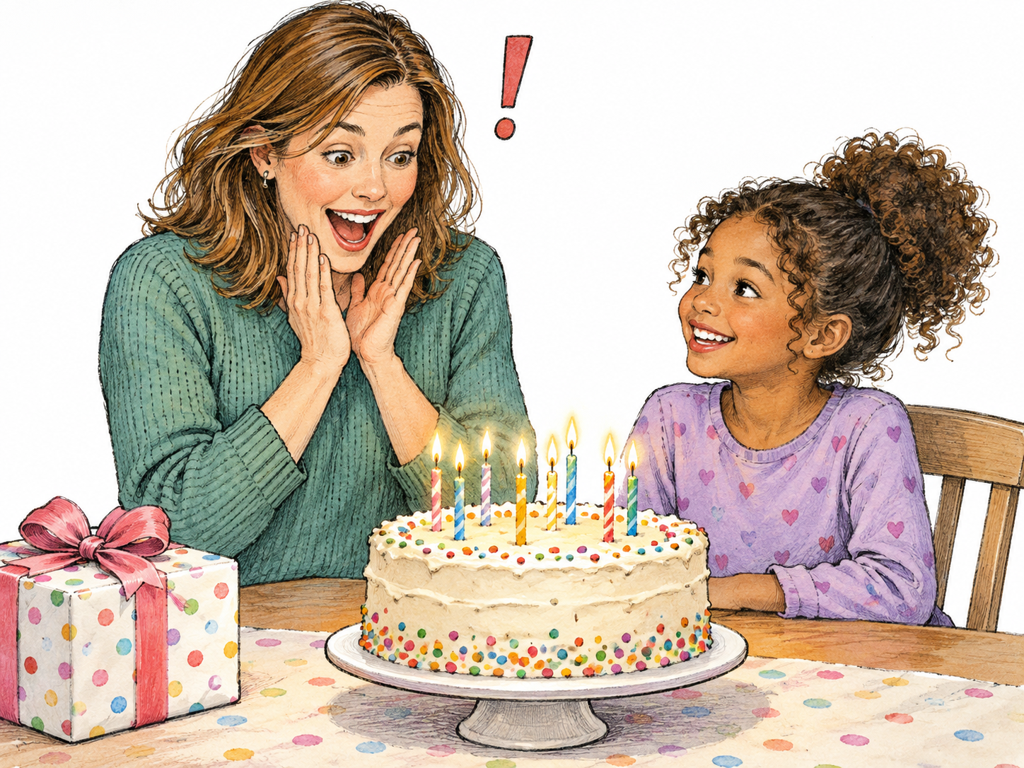 A child and adult spot a surprise birthday cake; adult gives a sudden delighted spoken reaction with one small exclamation glyph, no written dialogue.