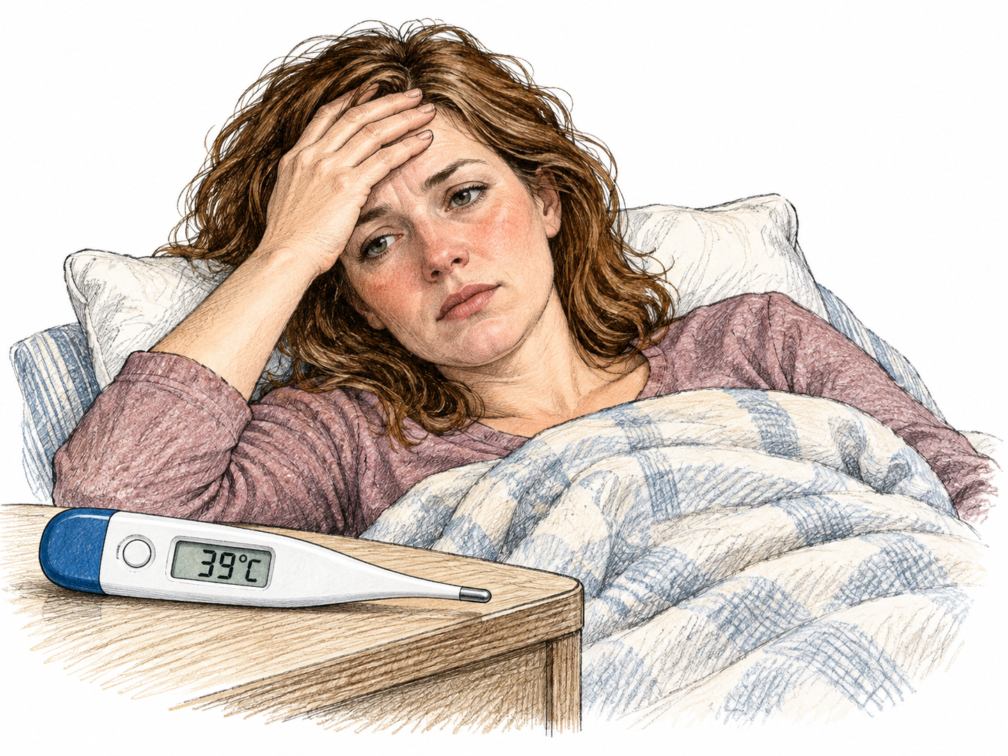 A digital thermometer displays the brief functional reading39°C beside an adult resting with a light blanket; elevated body temperature, no dosage or treatment steps.