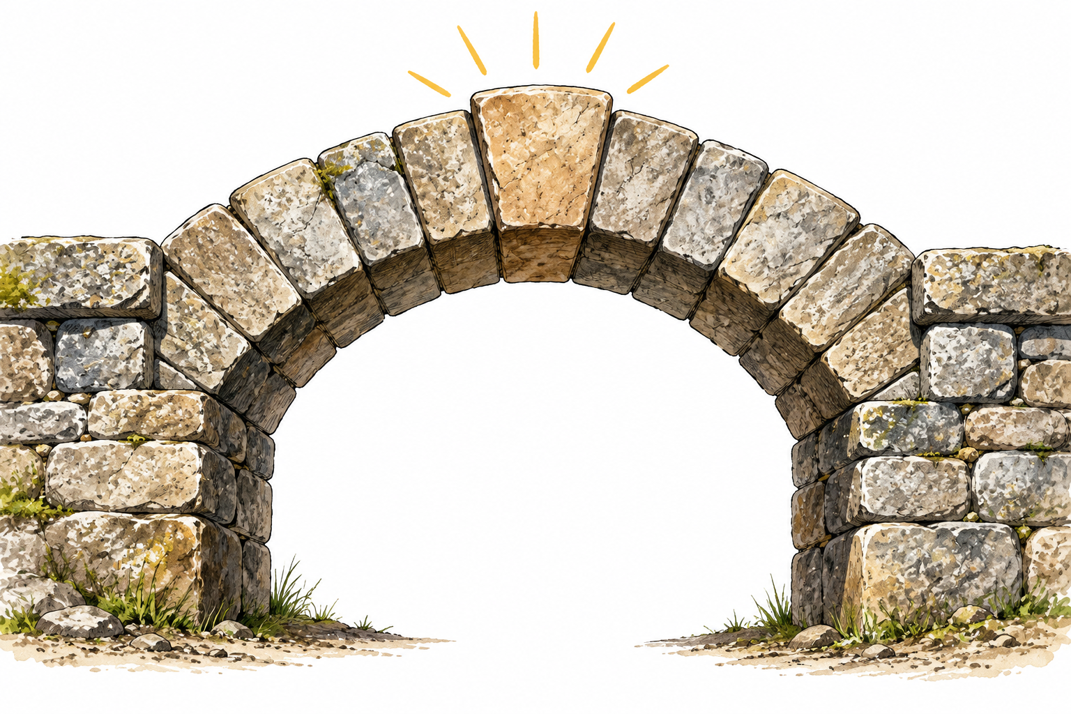 The central keystone completes a stable stone arch; highlight its essential structural role.