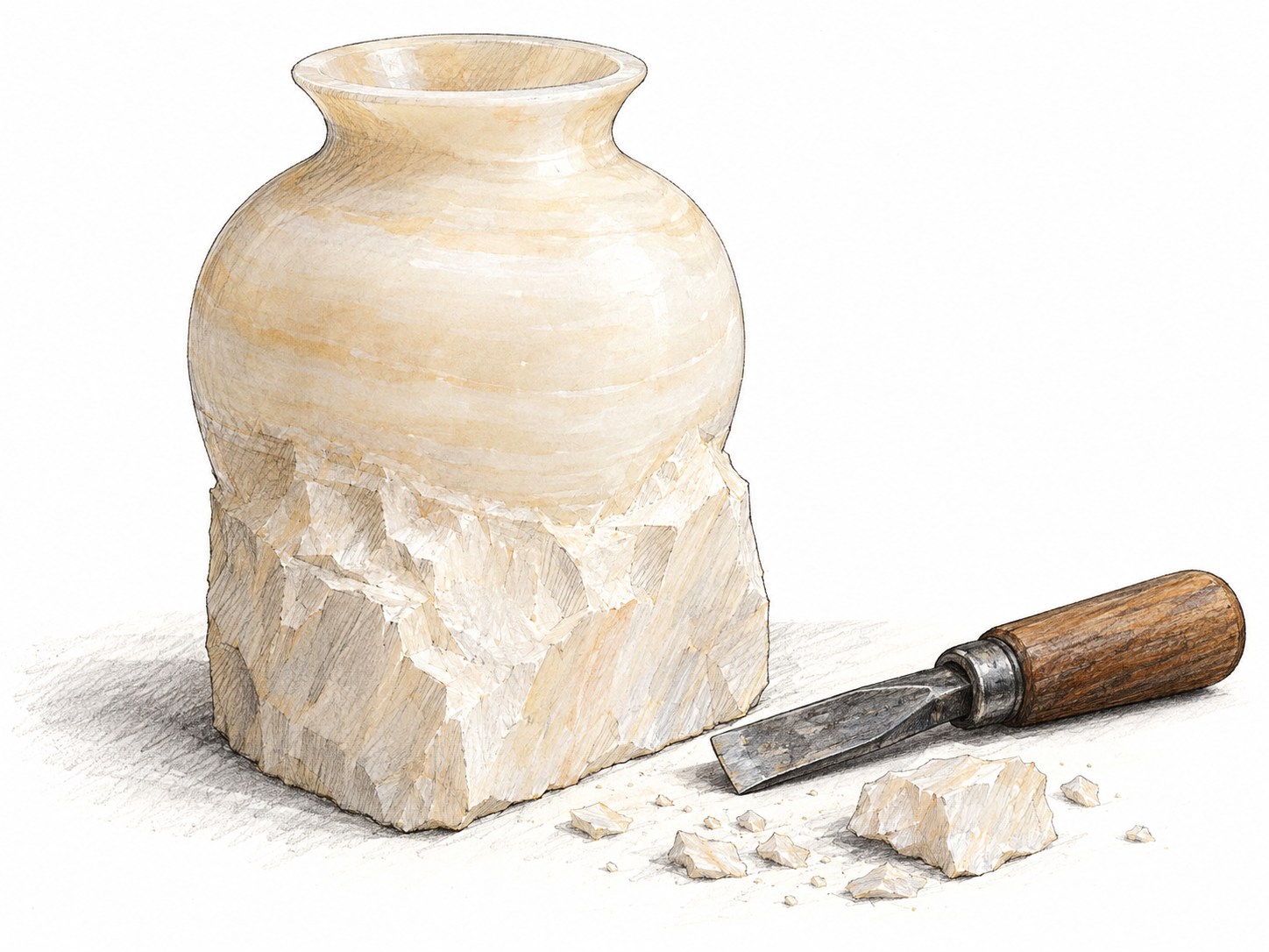 A pale alabaster block partially carved into a small ornamental vase, showing the fine-grained raw stone, smooth carved surface, and subtly translucent thin rim together.