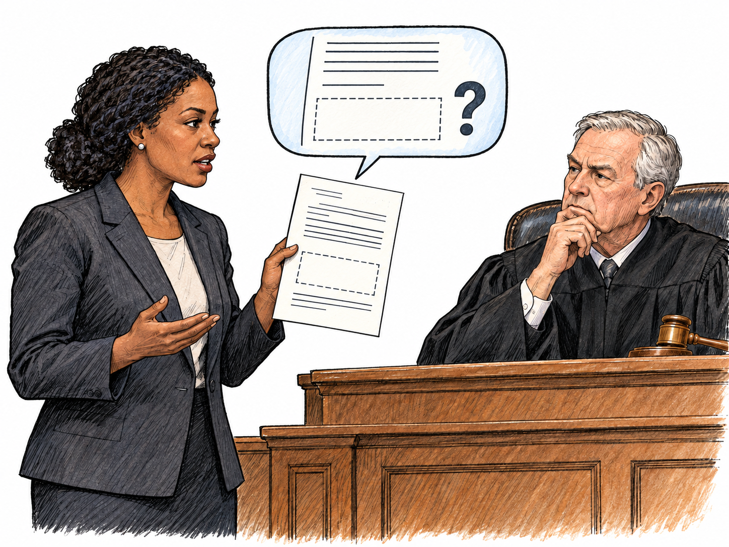 A courtroom lawyer submits a motion questioning whether a pleading contains a sufficient legal claim, with a pictorial form whose required section is empty; no case-specific advice, fabricated legal text or verdict claim.