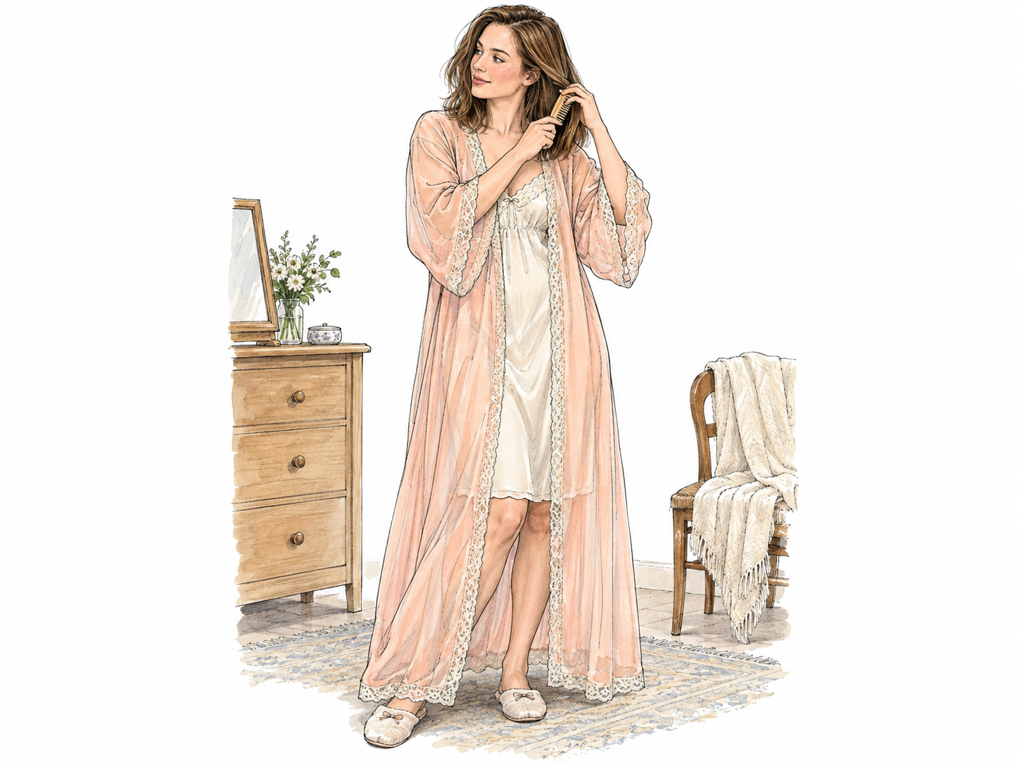 A woman combs her hair while wearing a loose, decorative dressing gown over an opaque nightdress.