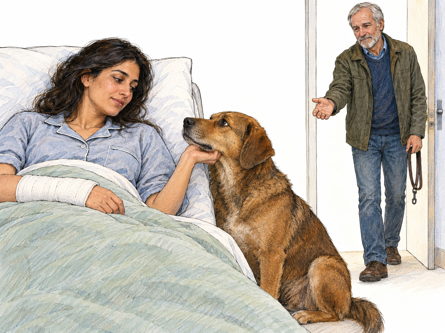 A devoted dog remains close beside its owner's sickbed, resting its chin beneath her relaxed hand rather than leaving for an offered walk.