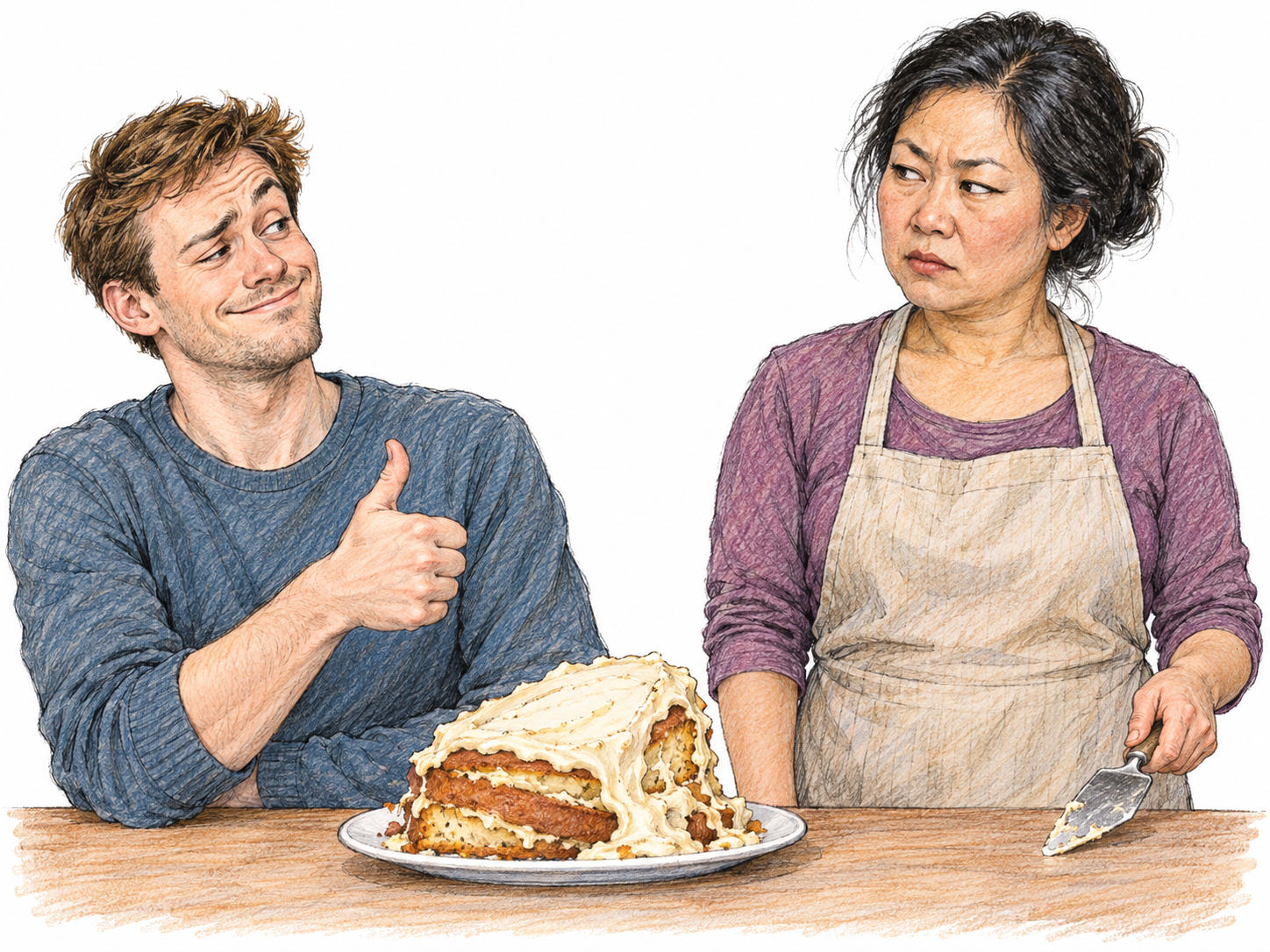 A young man gives an exaggerated, visibly insincere thumbs-up toward a collapsed cake, his crooked smirk and raised eyebrow making the mock praise clear.