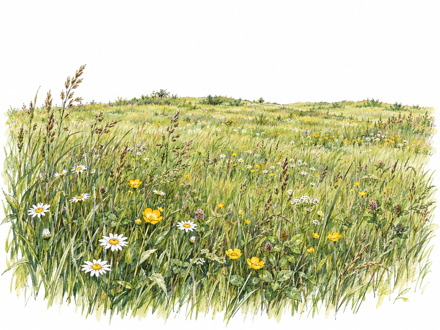 An open field of irregular grasses and scattered wildflowers, with recognizable wild plants in the foreground and a broad grassy expanse behind them.