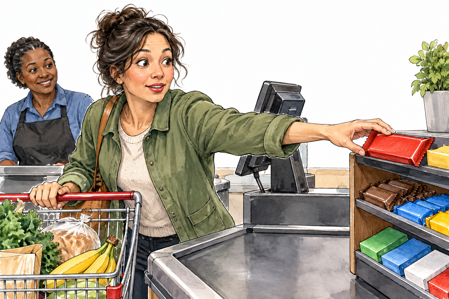A shopper suddenly reaches for a bright treat at checkout, spontaneous urge.